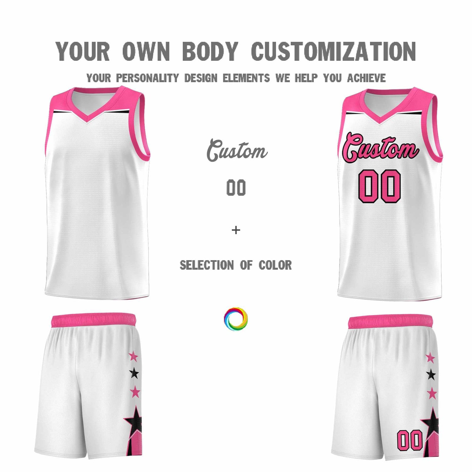 Custom Youth Basketball Uniform White Pink Two Tone Side Star Color Block Team Jersey