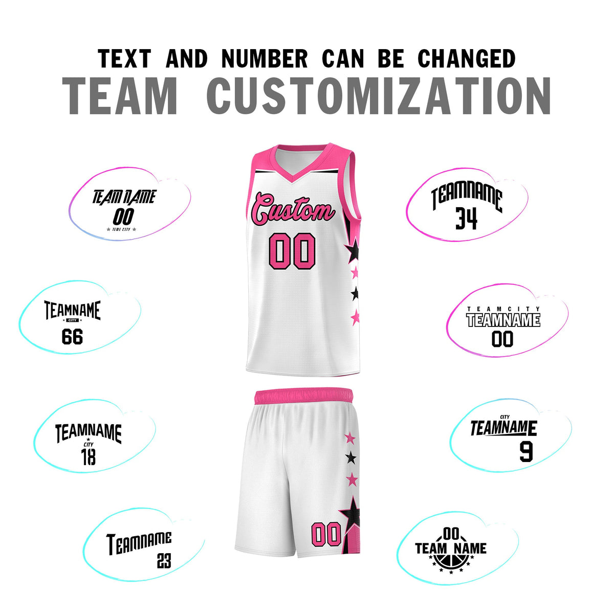 Custom Youth Basketball Uniform White Pink Two Tone Side Star Color Block Team Jersey
