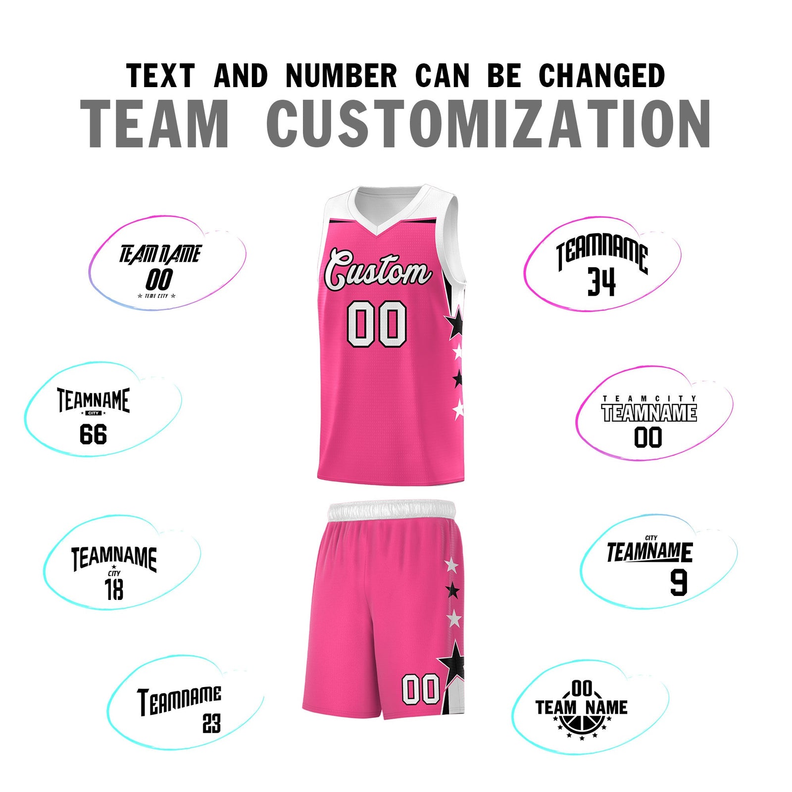Custom Youth Basketball Uniform Pink White Two Tone Side Star Add Name Number & Logo