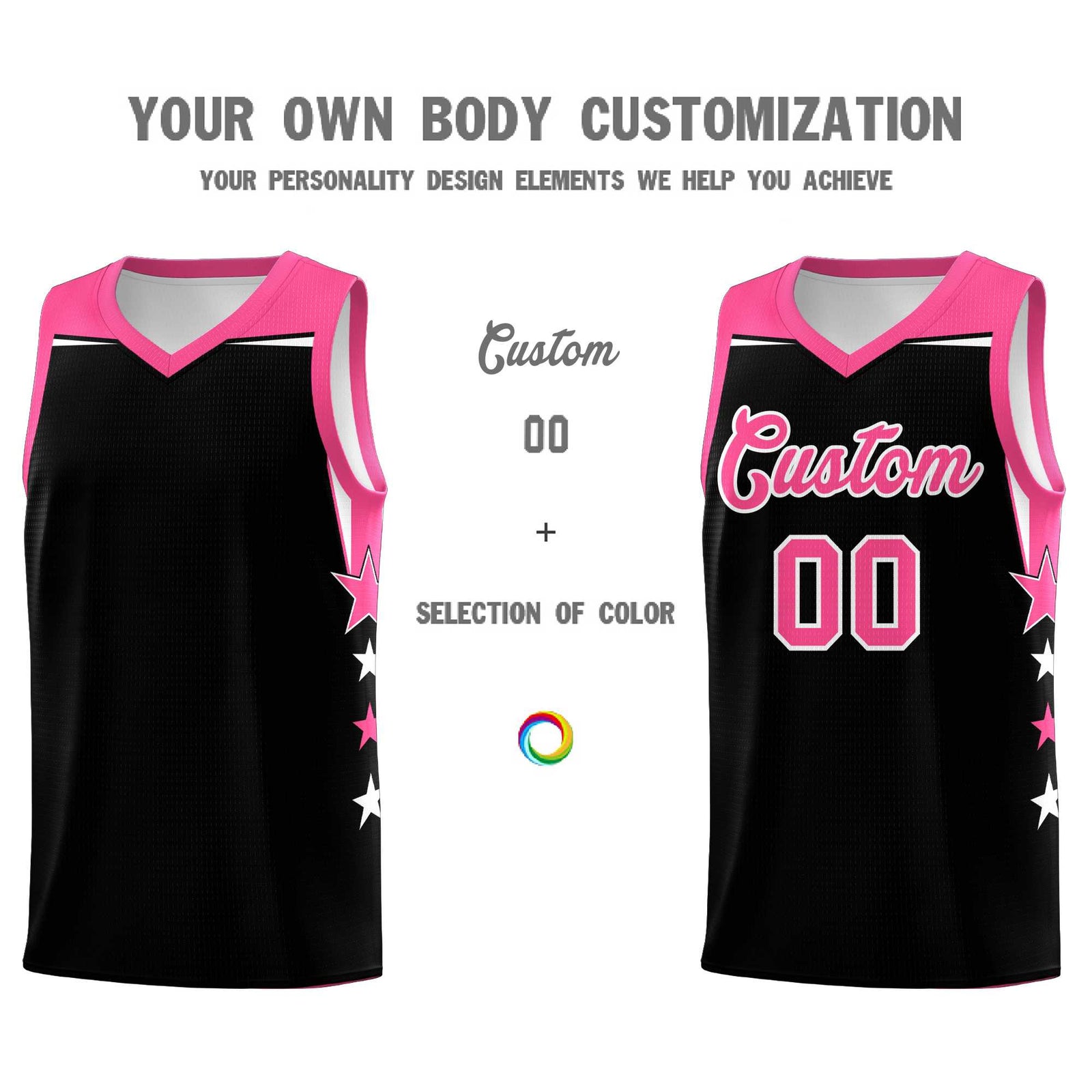 Custom Youth Basketball Uniform Black Pink Two Tone Side Star Personalized Team Jersey