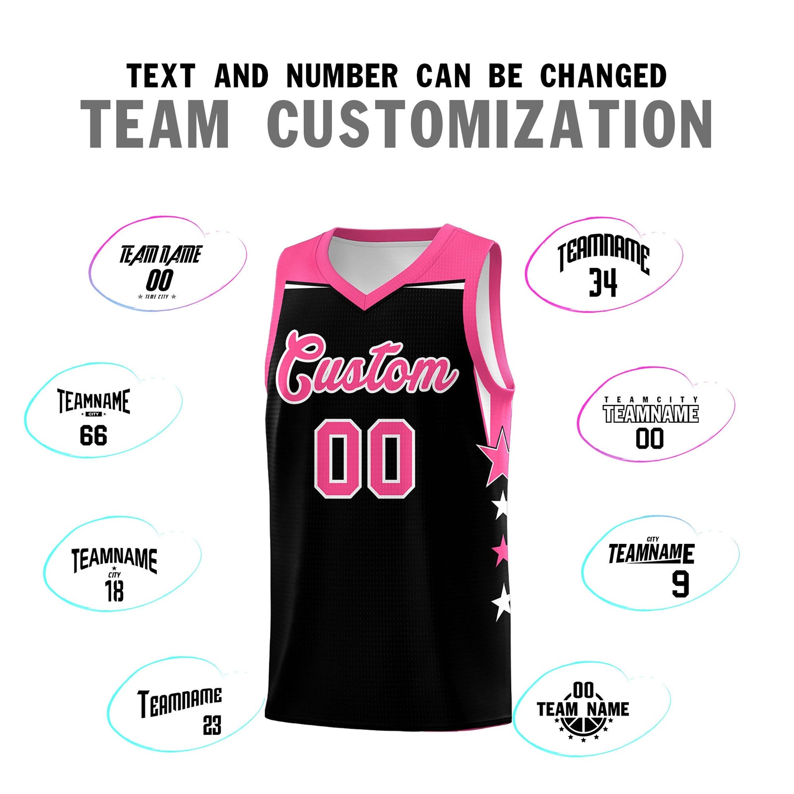 Custom Youth Basketball Uniform Black Pink Two Tone Side Star Personalized Team Jersey