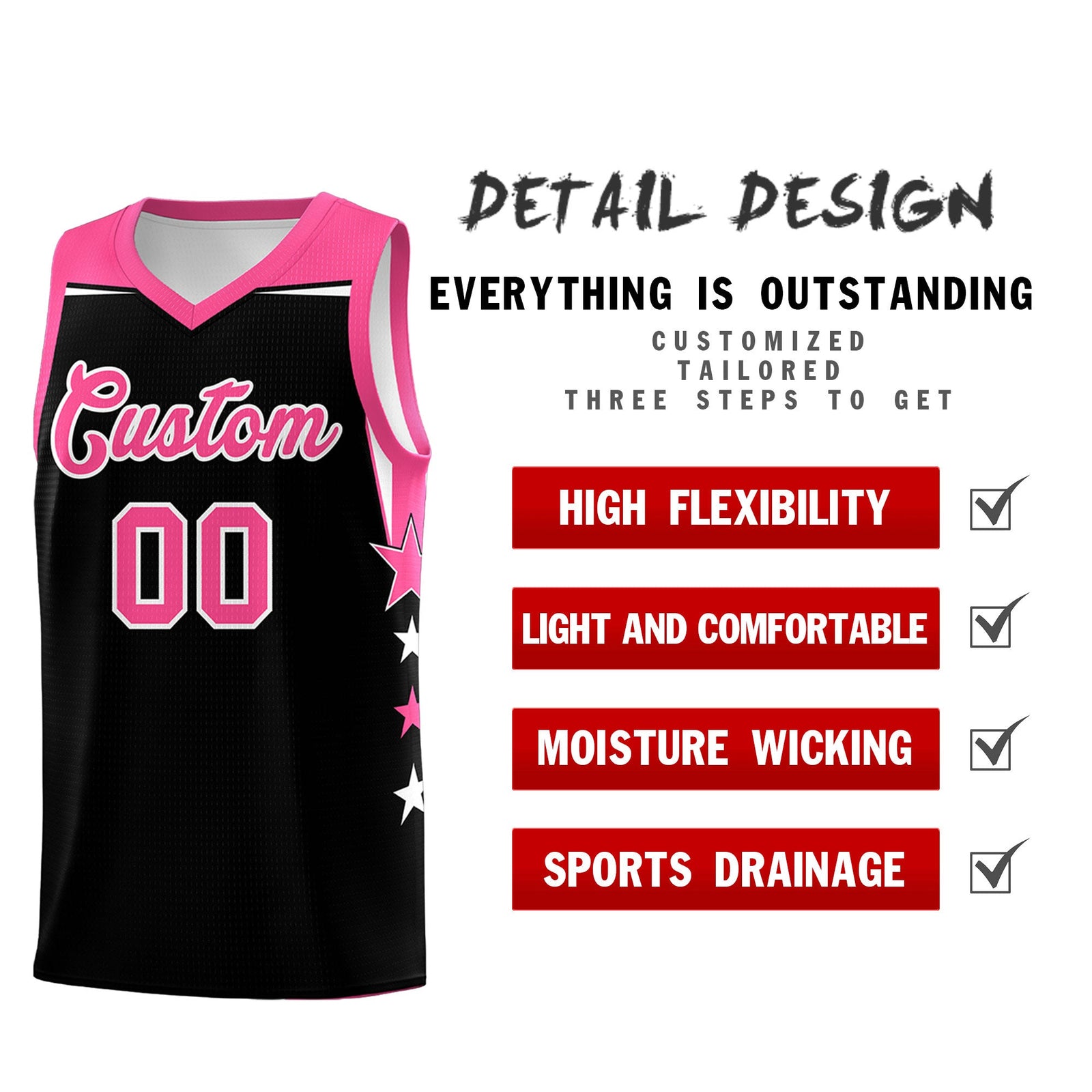 Custom Youth Basketball Uniform Black Pink Two Tone Side Star Personalized Team Jersey