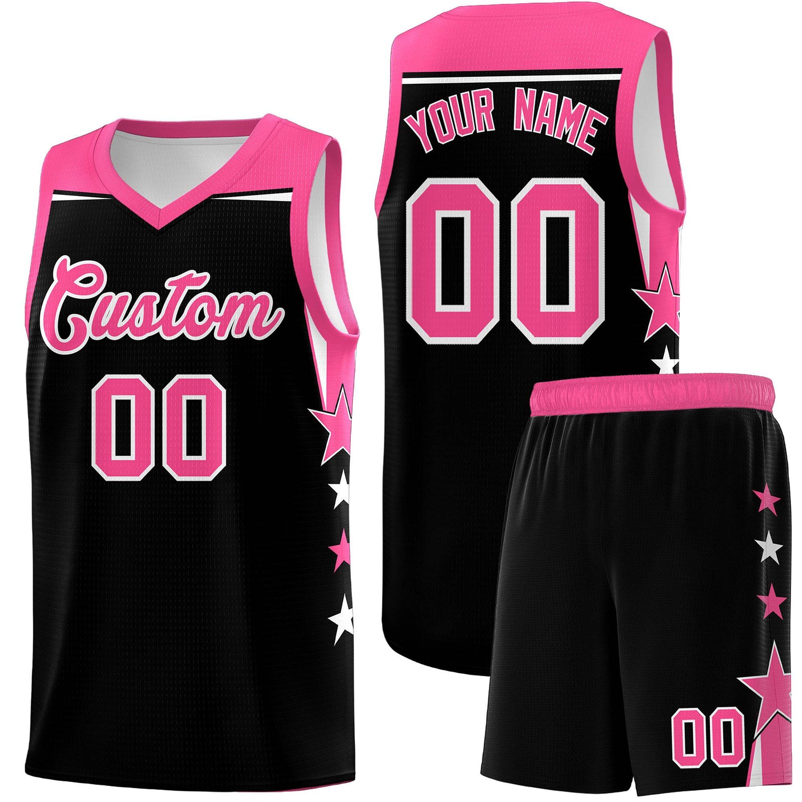 Custom Youth Basketball Uniform Black Pink Two Tone Side Star Personalized Team Jersey
