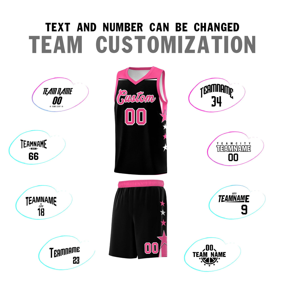 Custom Youth Basketball Uniform Black Pink Two Tone Side Star Personalized Team Jersey