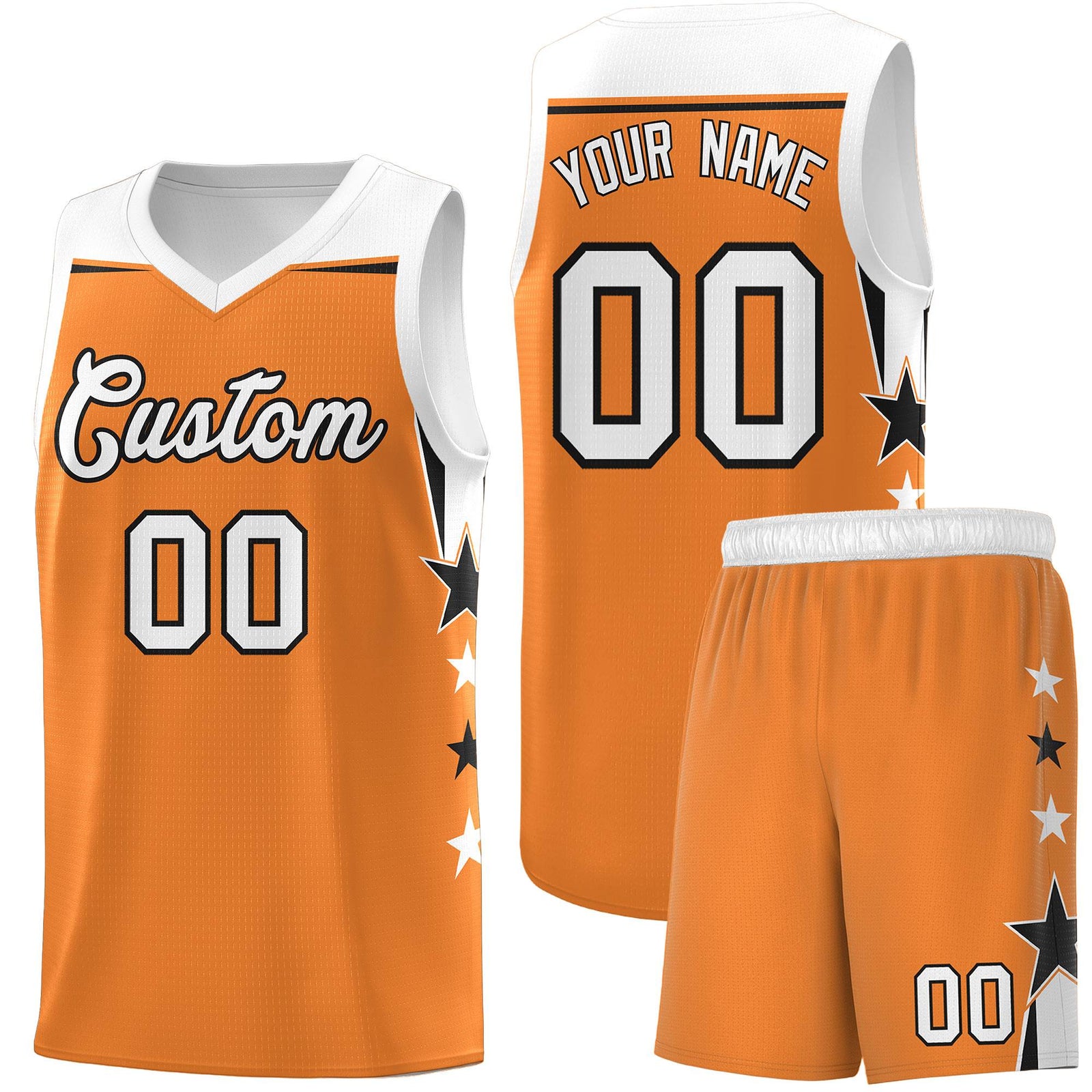 Custom Youth Basketball Uniform Gold Orange White Two Tone Side Star Add Name Number & Logo
