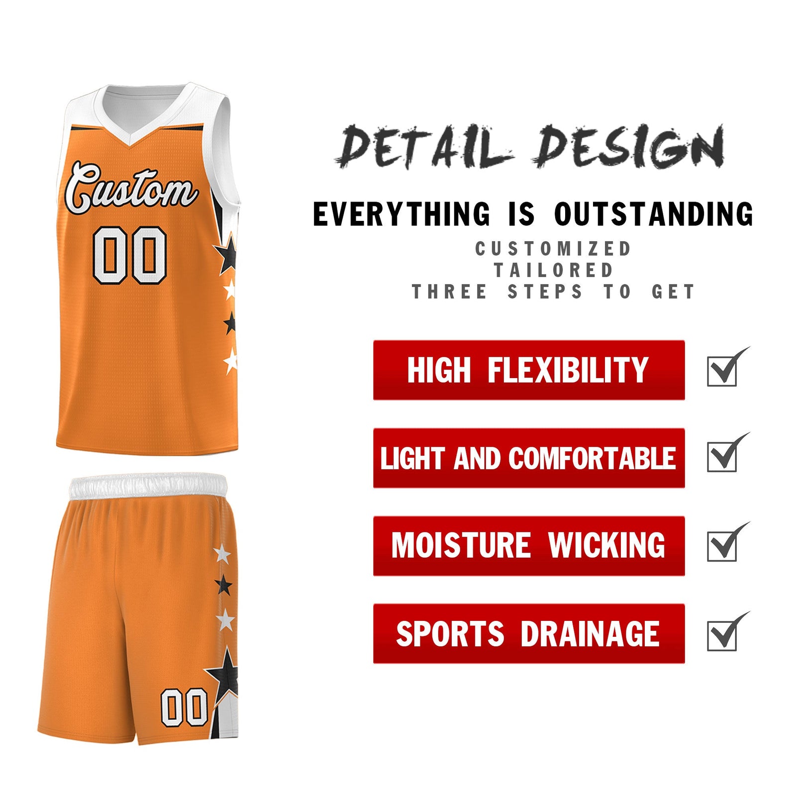 Custom Youth Basketball Uniform Gold Orange White Two Tone Side Star Add Name Number & Logo