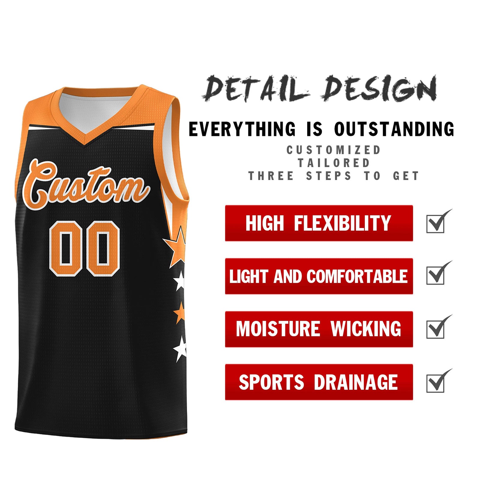 Custom Youth Basketball Uniform Black Gold Orange Two Tone Side Star Personalized Team Jersey