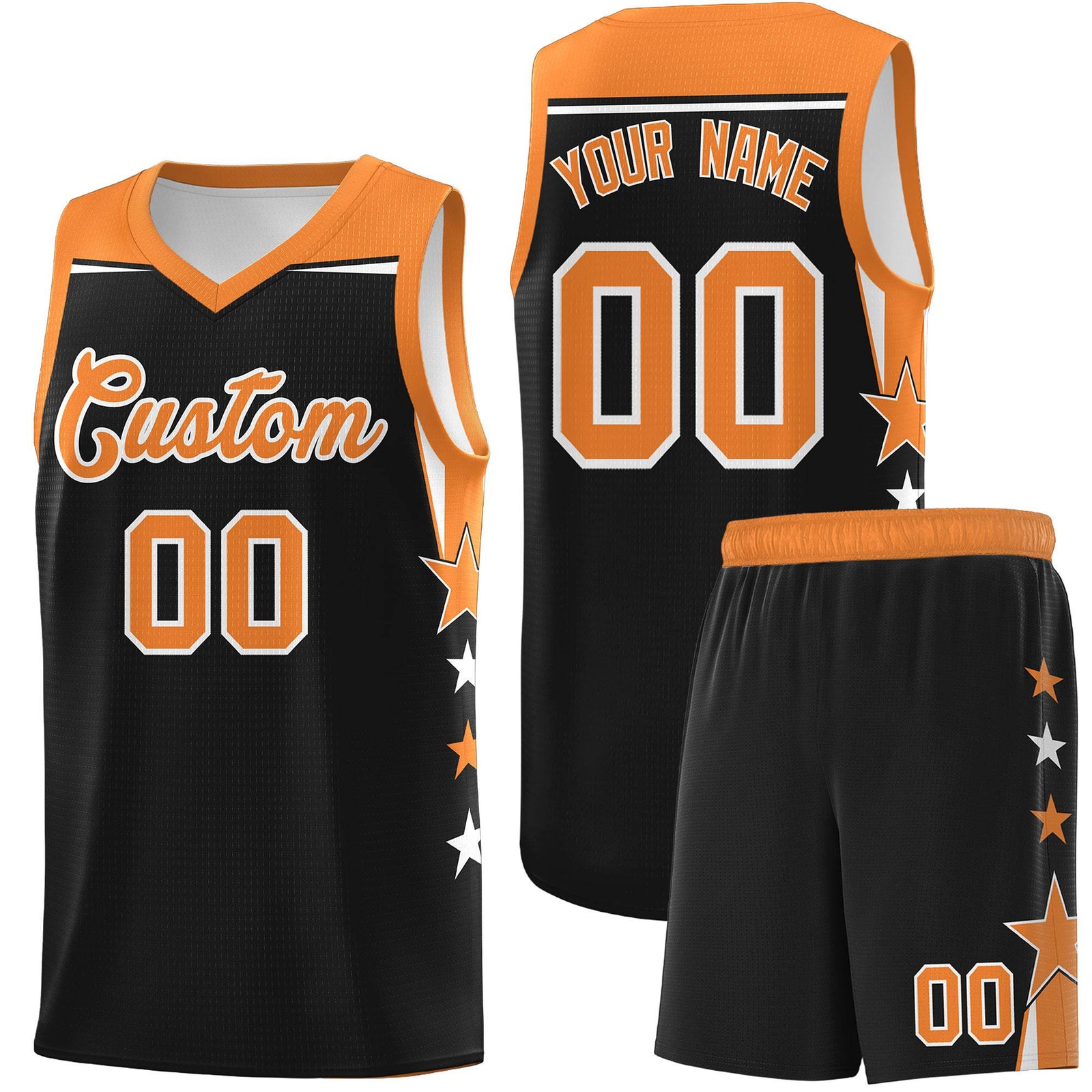 Custom Youth Basketball Uniform Black Gold Orange Two Tone Side Star Personalized Team Jersey