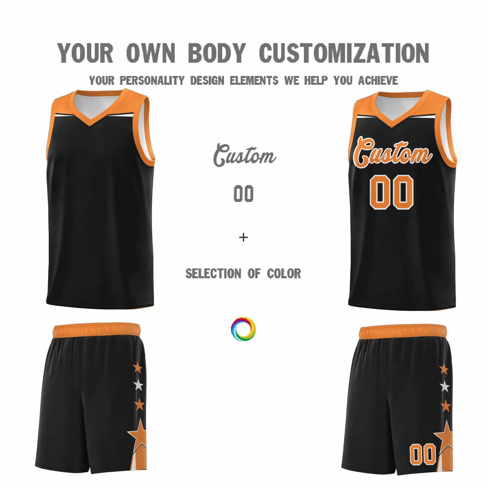Custom Youth Basketball Uniform Black Gold Orange Two Tone Side Star Personalized Team Jersey