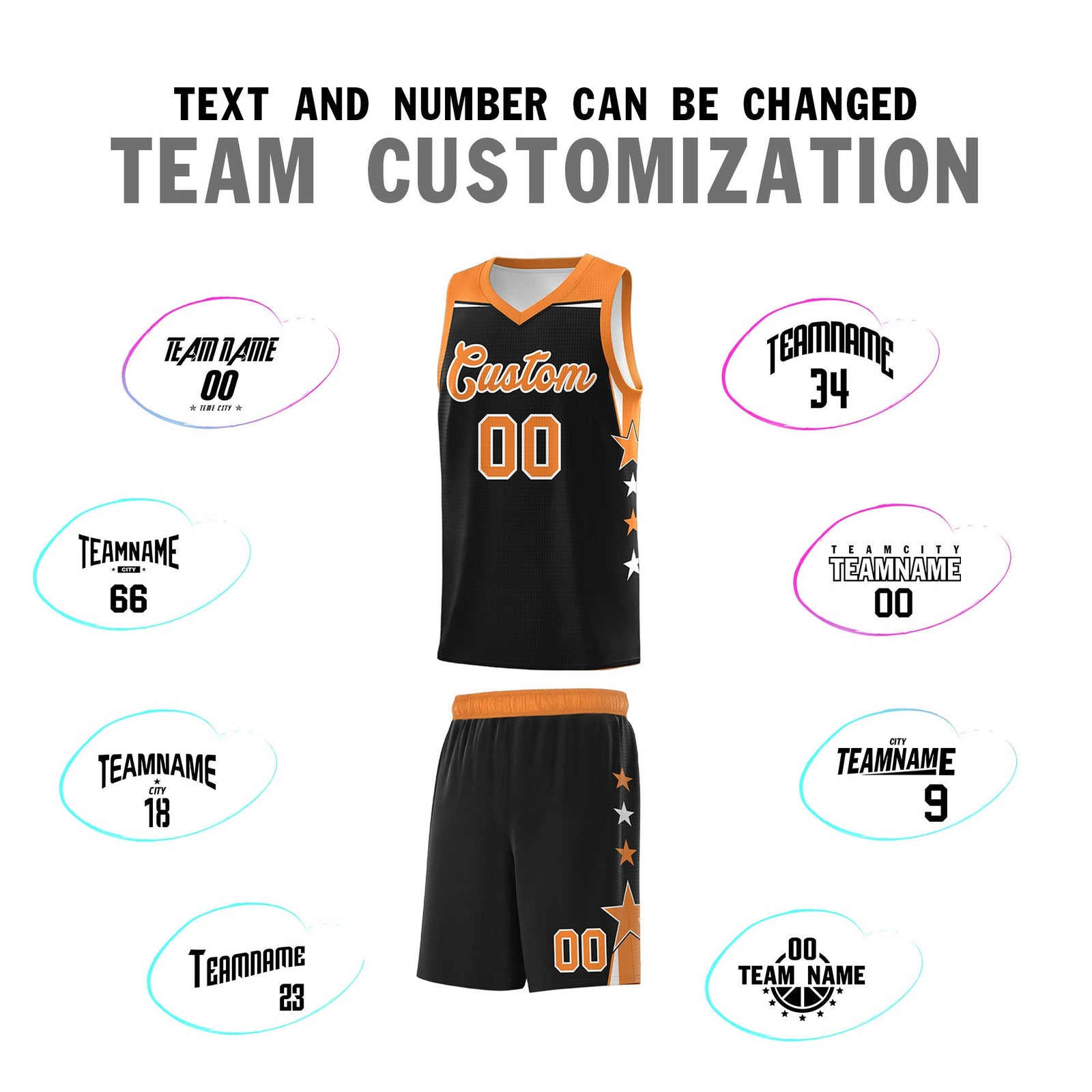 Custom Youth Basketball Uniform Black Gold Orange Two Tone Side Star Personalized Team Jersey