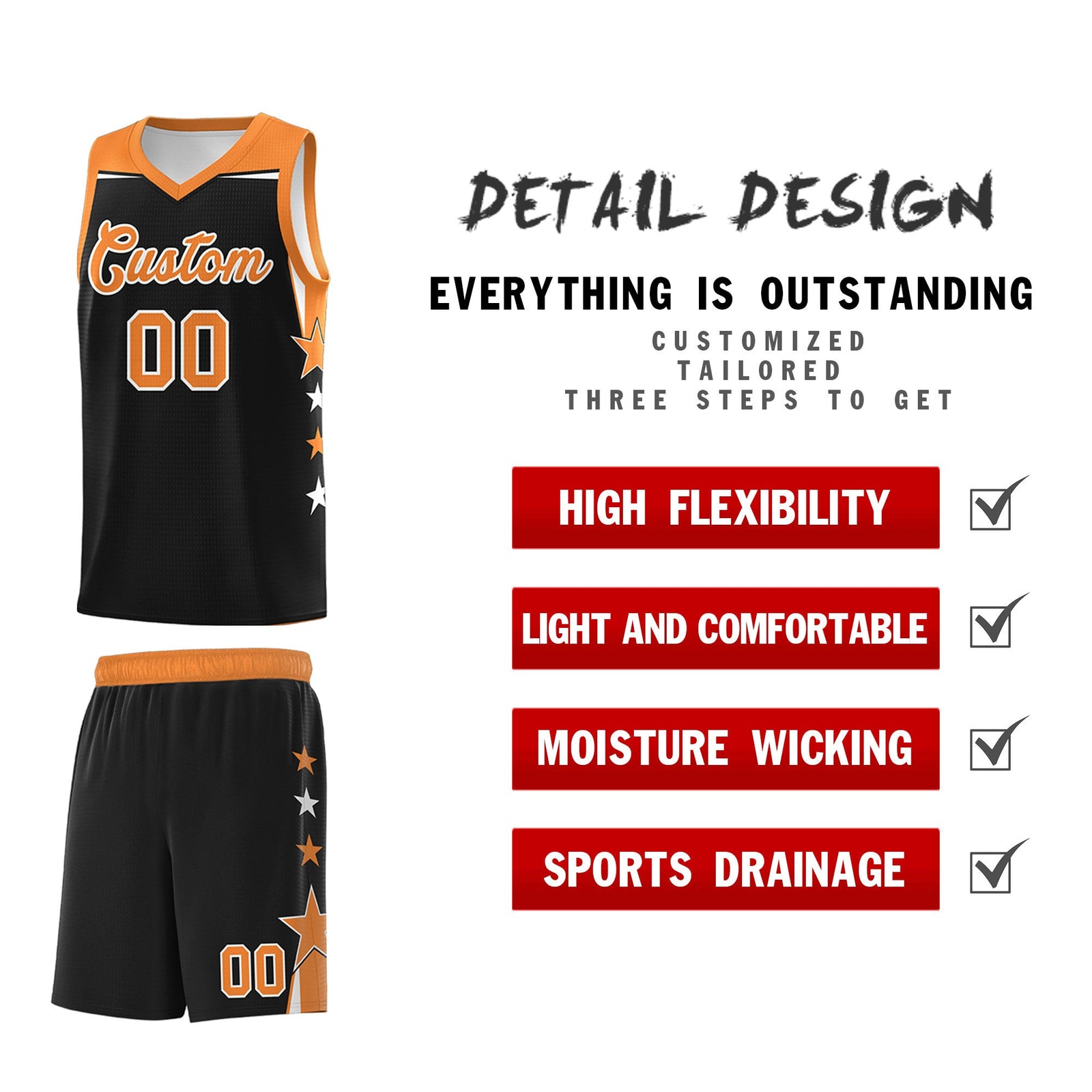 Custom Youth Basketball Uniform Black Gold Orange Two Tone Side Star Personalized Team Jersey