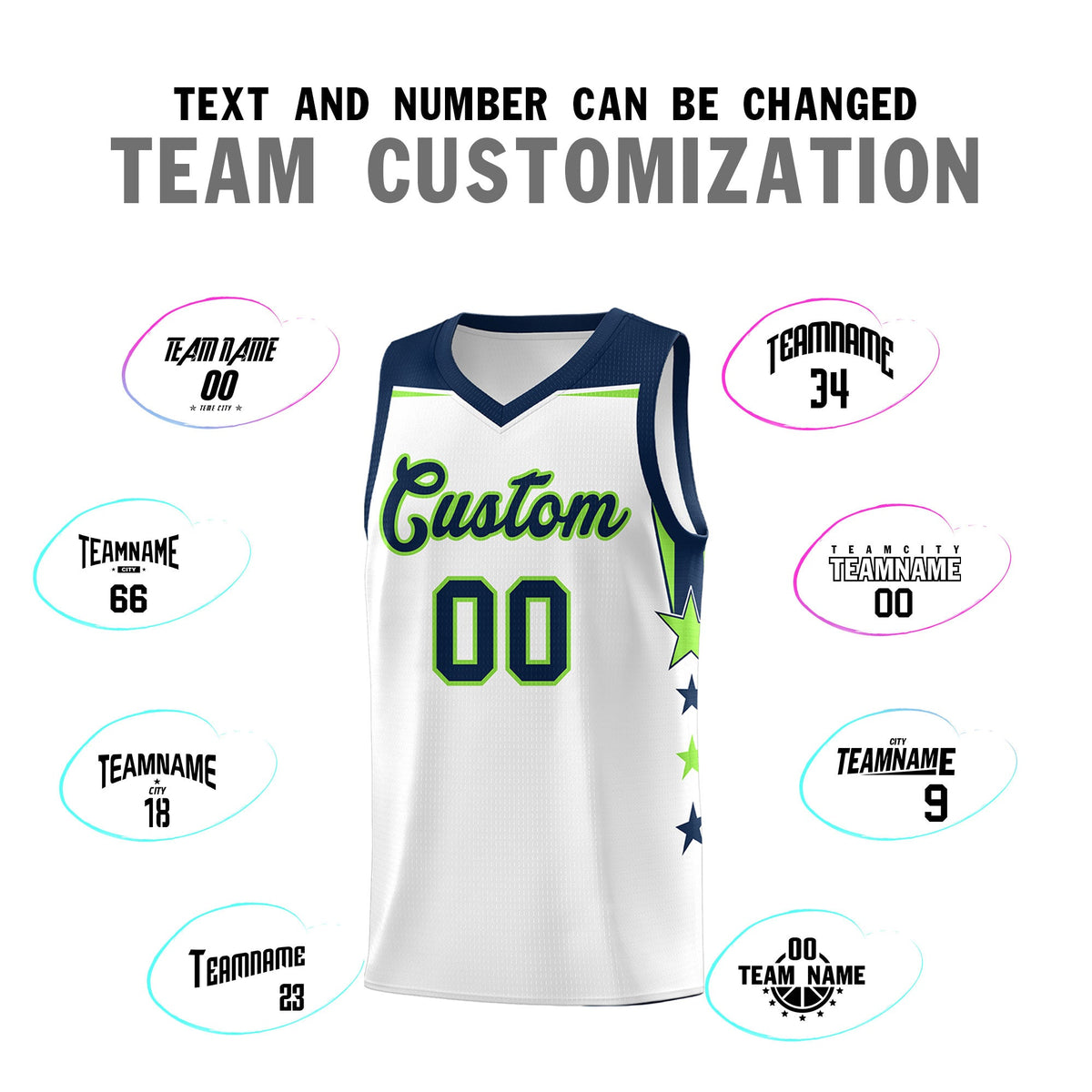 Custom Youth Basketball Uniform White Navy Two Tone Side Star Color Block Team Jersey