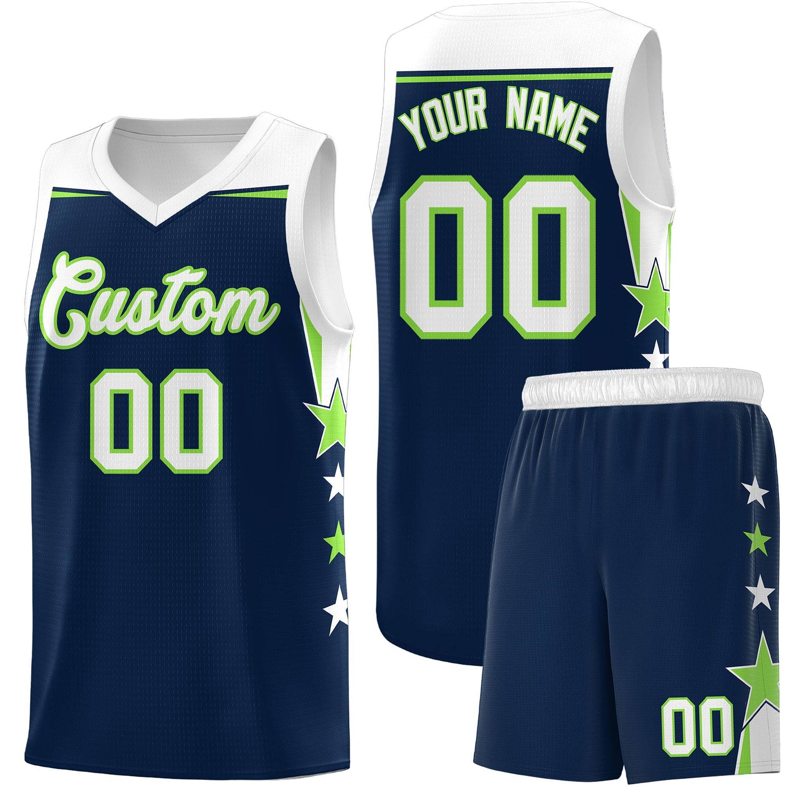Custom Youth Basketball Uniform Navy White Two Tone Side Star Add Name Number & Logo