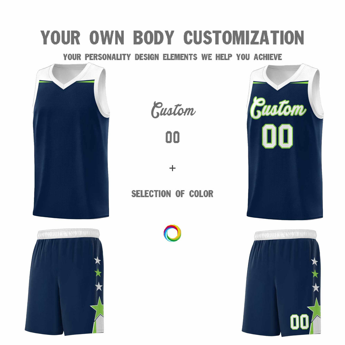 Custom Youth Basketball Uniform Navy White Two Tone Side Star Add Name Number &amp; Logo