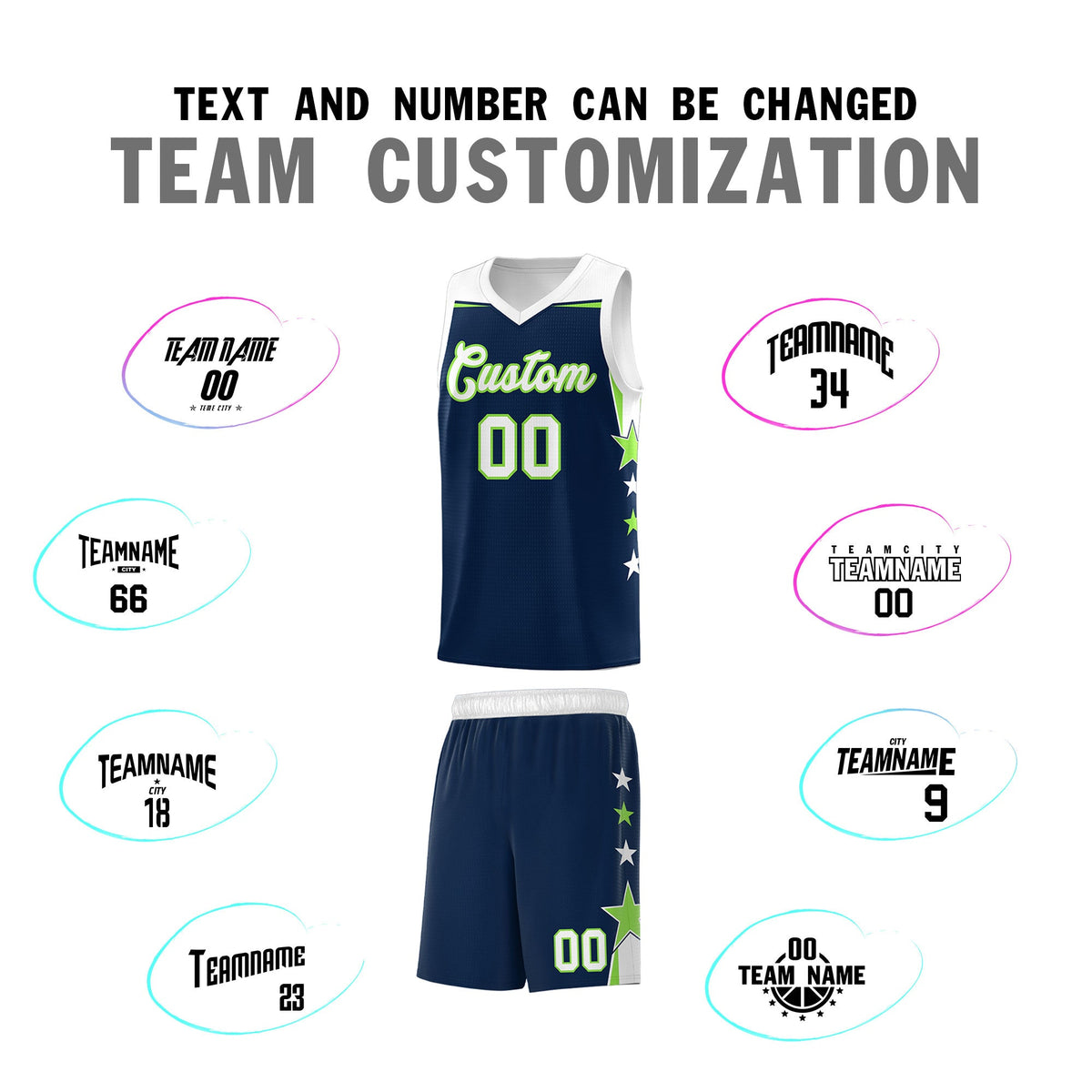 Custom Youth Basketball Uniform Navy White Two Tone Side Star Add Name Number &amp; Logo