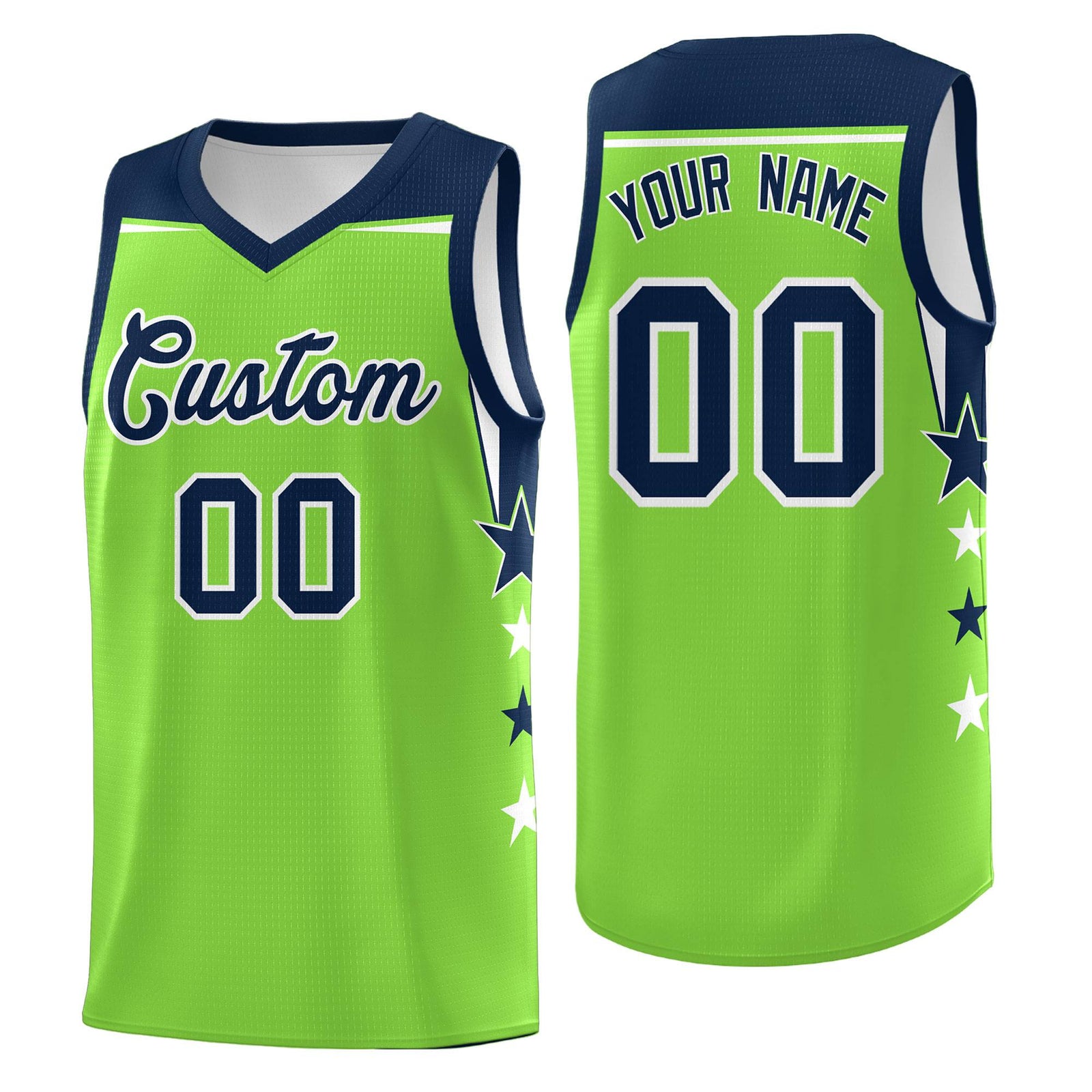 Custom Youth Basketball Uniform Fluorescent Green Navy Two Tone Side Star Personalized Team Jersey