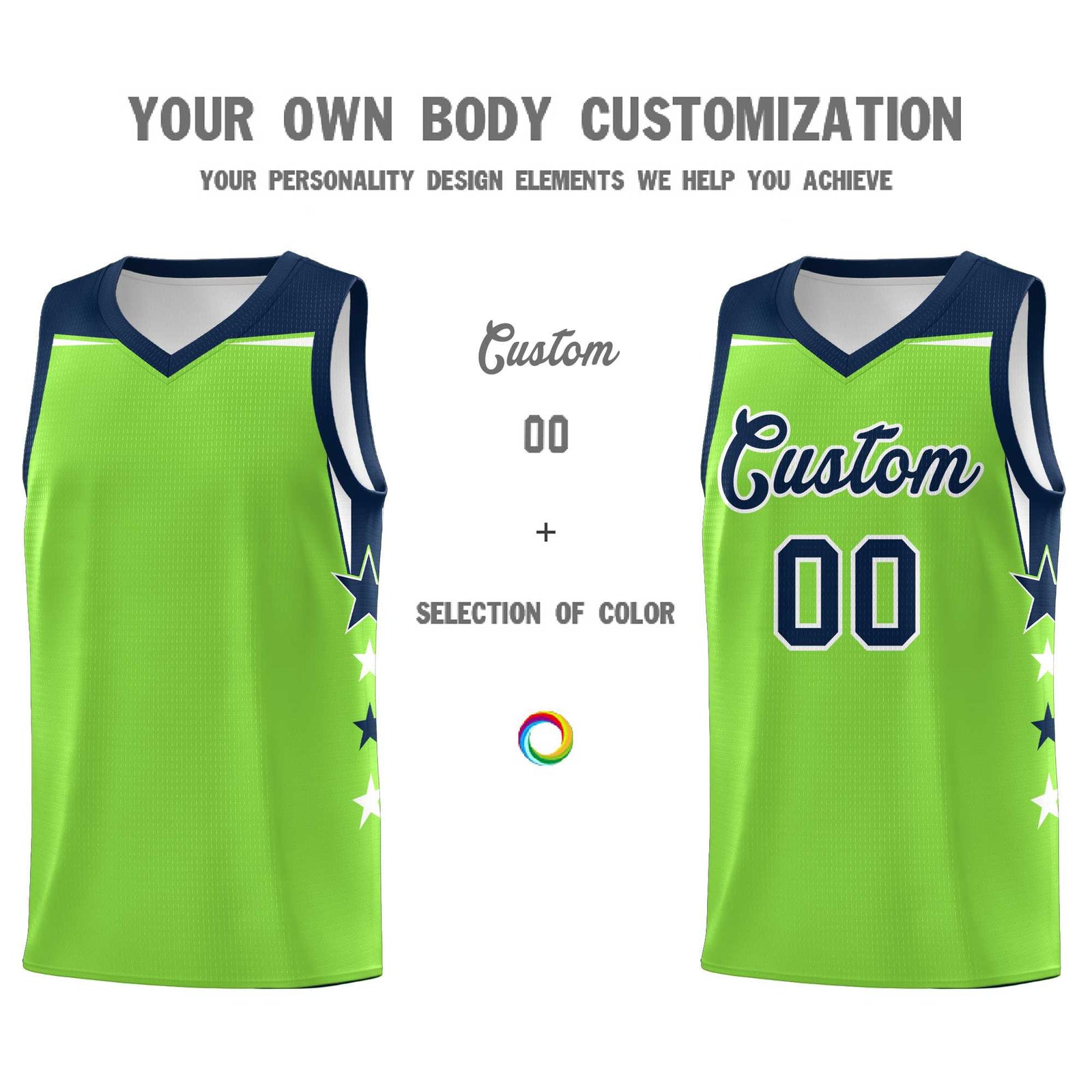 Custom Youth Basketball Uniform Fluorescent Green Navy Two Tone Side Star Personalized Team Jersey