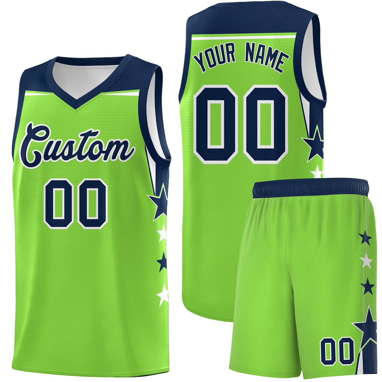 Custom Youth Basketball Uniform Fluorescent Green Navy Two Tone Side Star Personalized Team Jersey