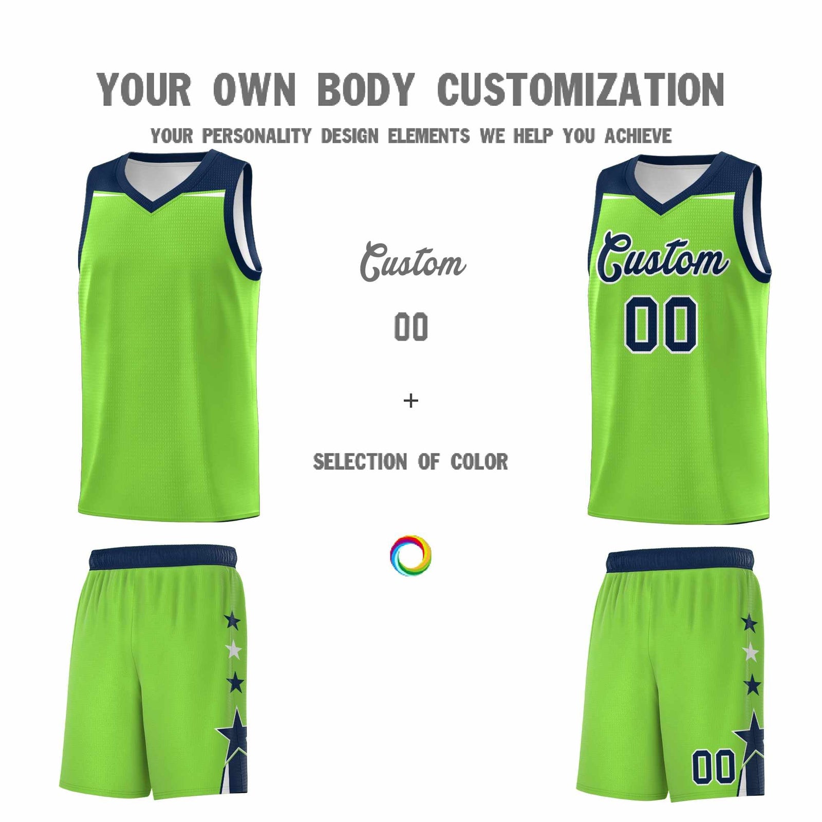 Custom Youth Basketball Uniform Fluorescent Green Navy Two Tone Side Star Personalized Team Jersey
