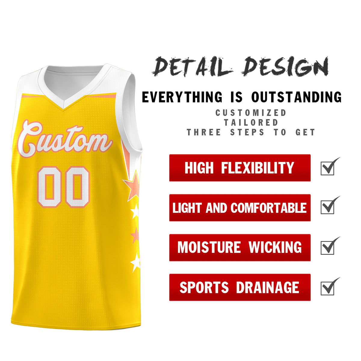Custom Youth Basketball Uniform Gold White Two Tone Side Star Color Block Team Jersey