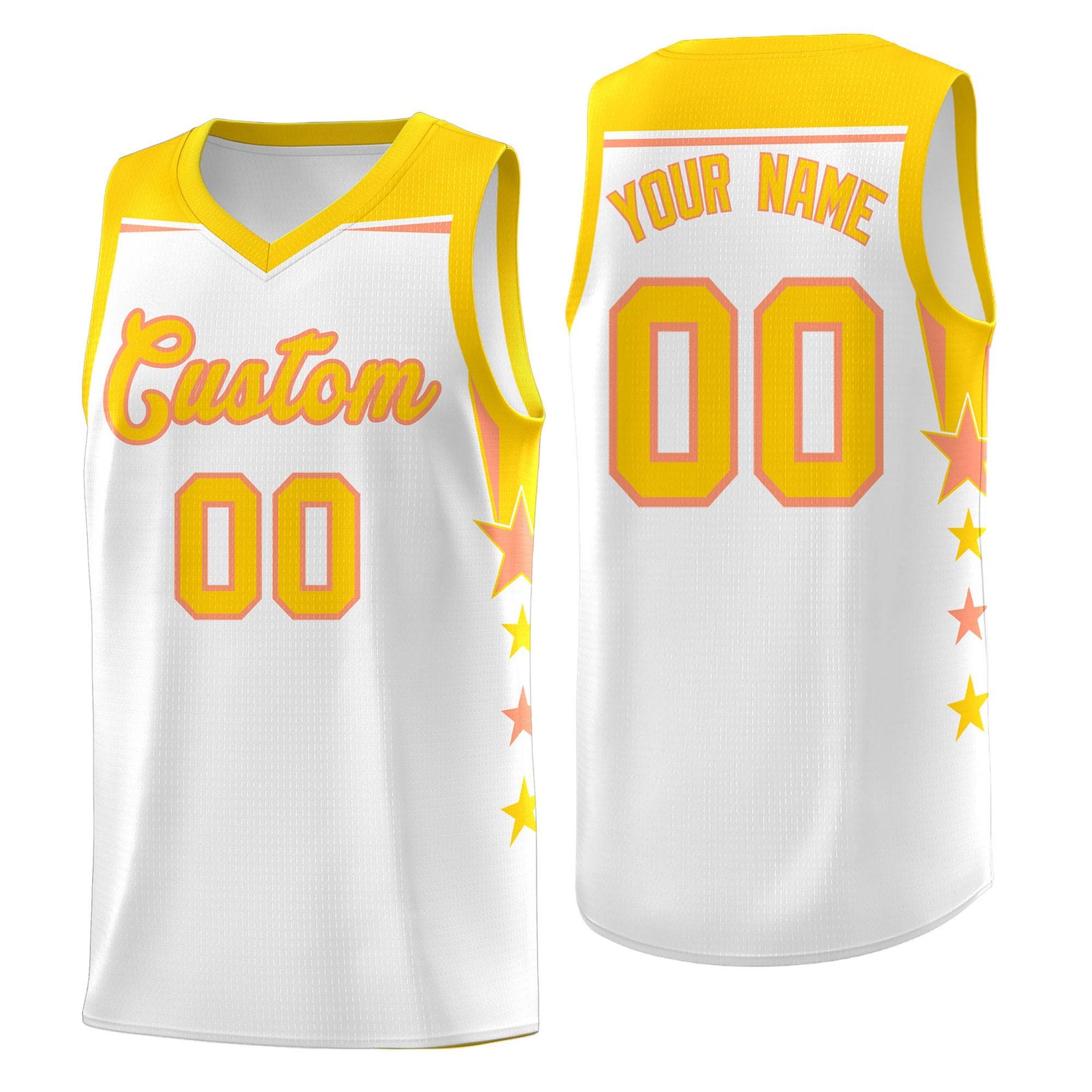 Custom Youth Basketball Uniform White Gold Two Tone Side Star Add Name Number & Logo