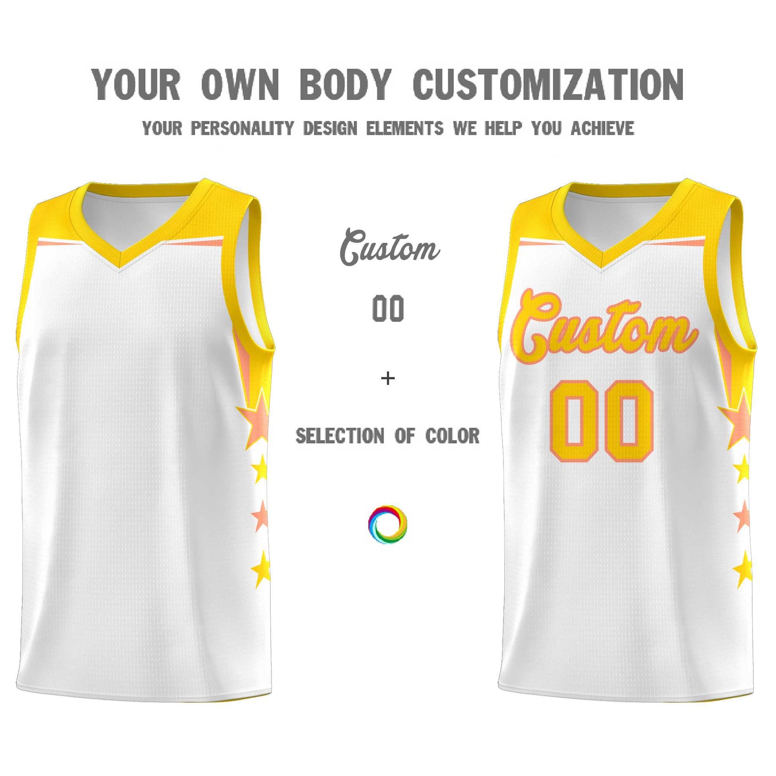 Custom Youth Basketball Uniform White Gold Two Tone Side Star Add Name Number & Logo