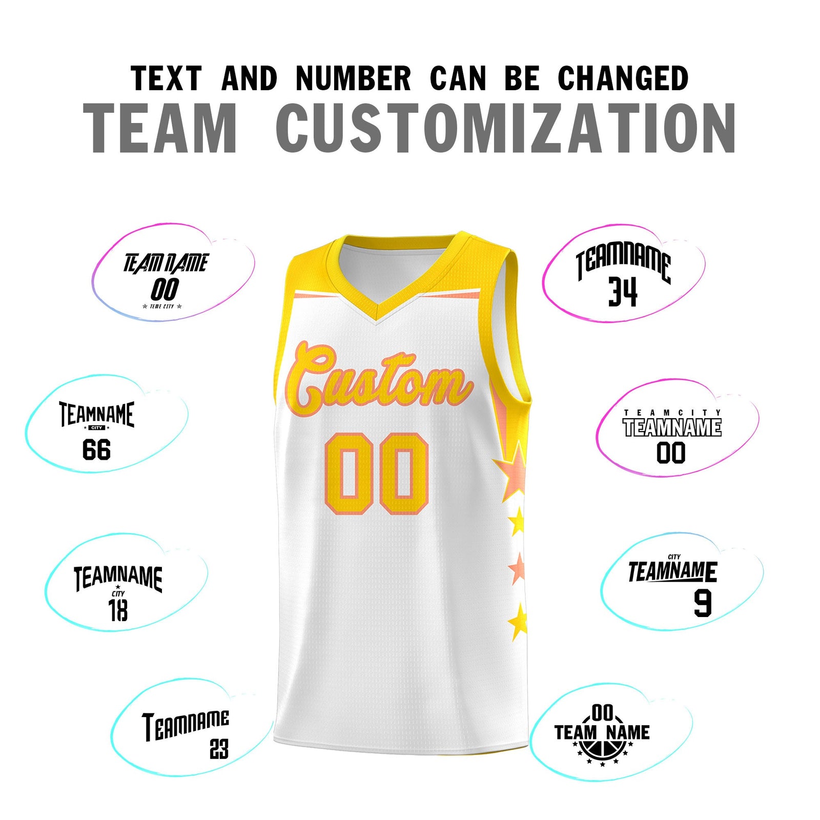 Custom Youth Basketball Uniform White Gold Two Tone Side Star Add Name Number & Logo