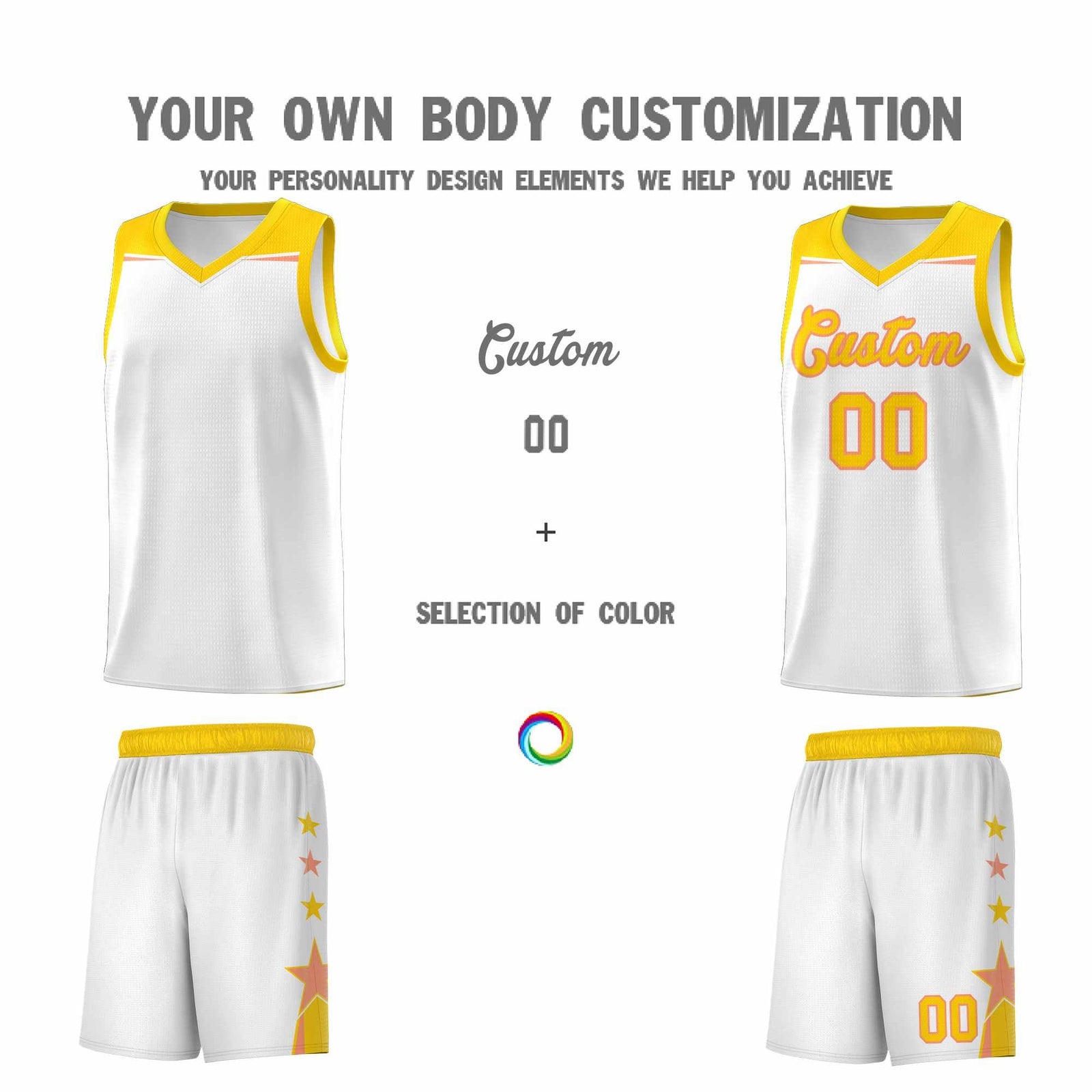 Custom Youth Basketball Uniform White Gold Two Tone Side Star Add Name Number & Logo