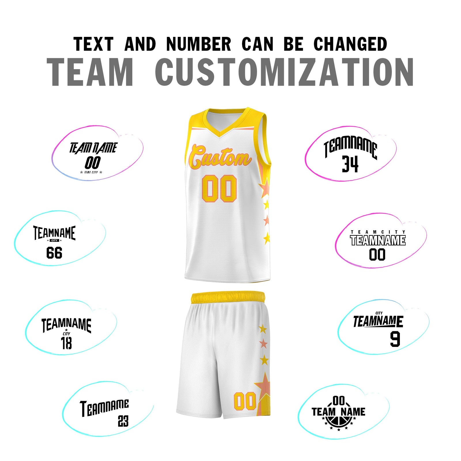 Custom Youth Basketball Uniform White Gold Two Tone Side Star Add Name Number & Logo