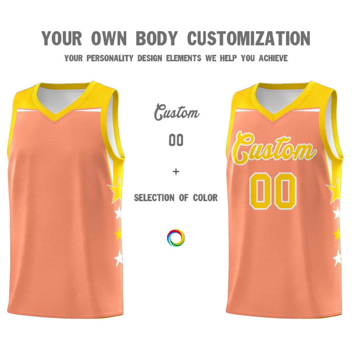 Custom Youth Basketball Uniform Light Orange Gold Two Tone Side Star Personalized Team Jersey