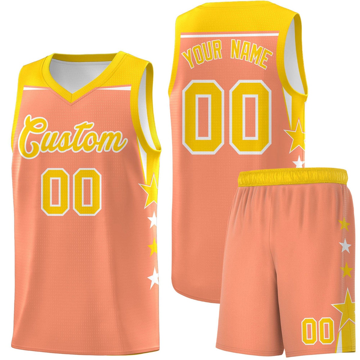 Custom Youth Basketball Uniform Light Orange Gold Two Tone Side Star Personalized Team Jersey