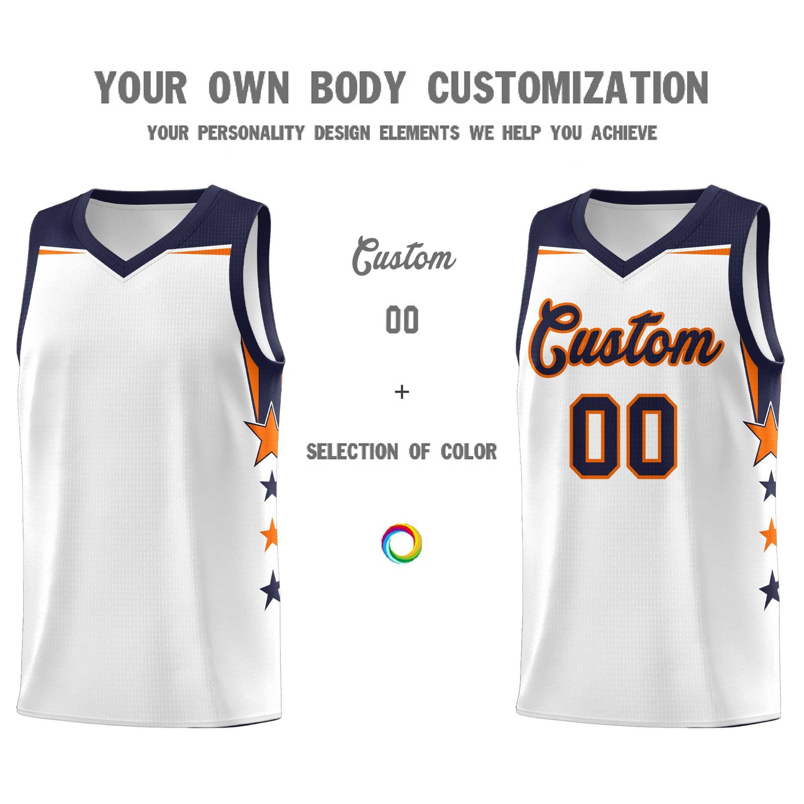 Custom Youth Basketball Uniform White Navy Two Tone Side Star Add Name Number & Logo