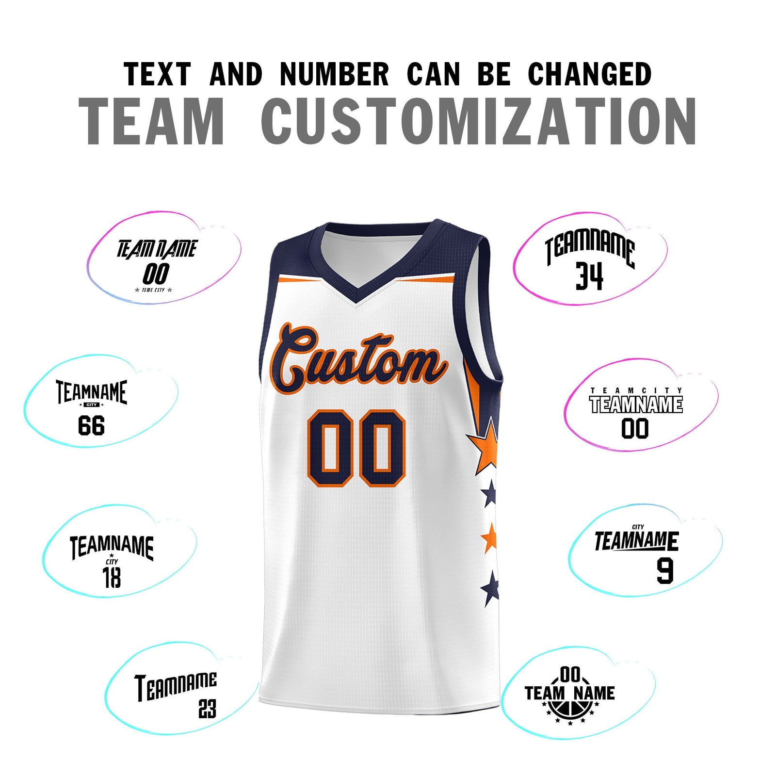Custom Youth Basketball Uniform White Navy Two Tone Side Star Add Name Number & Logo