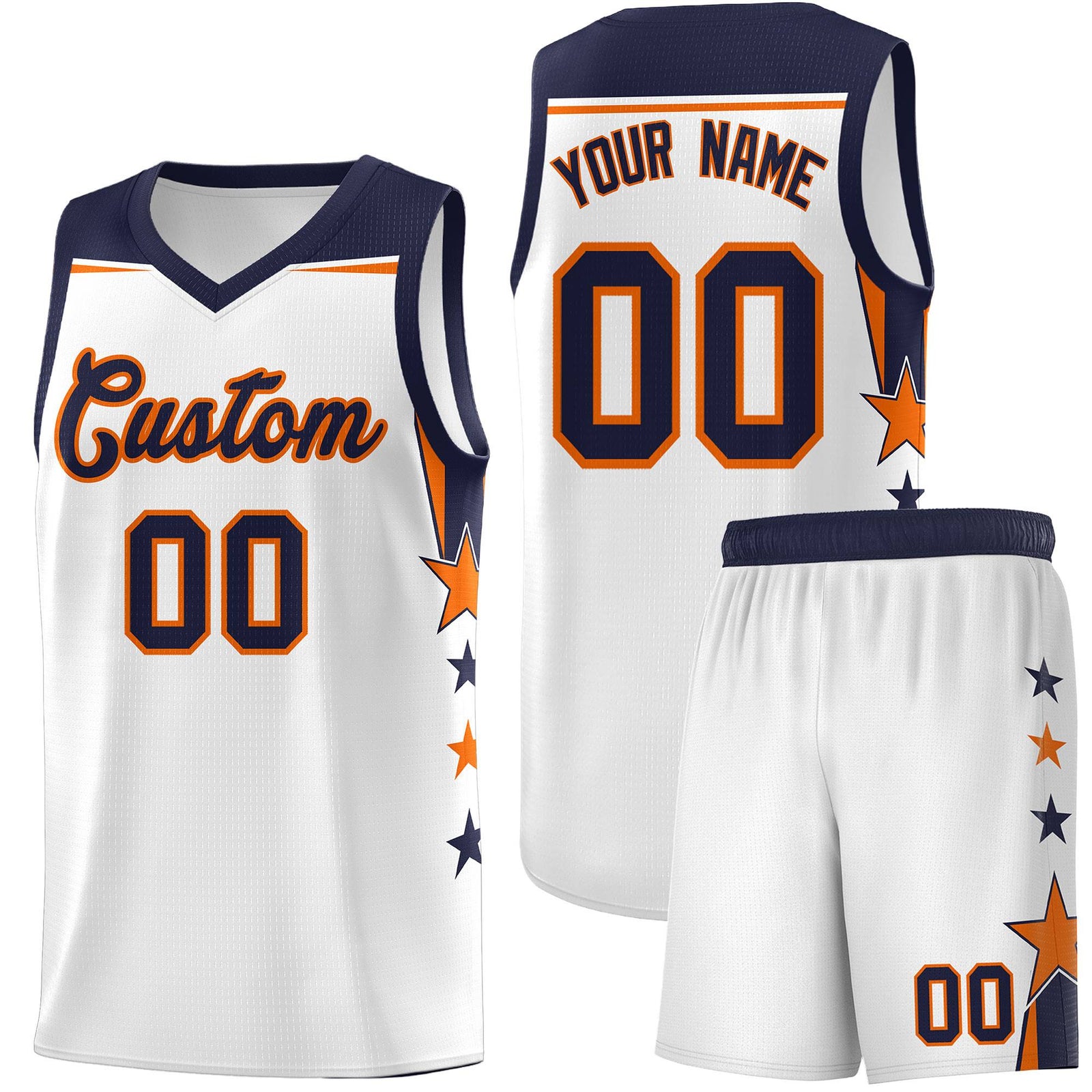 Custom Youth Basketball Uniform White Navy Two Tone Side Star Add Name Number & Logo