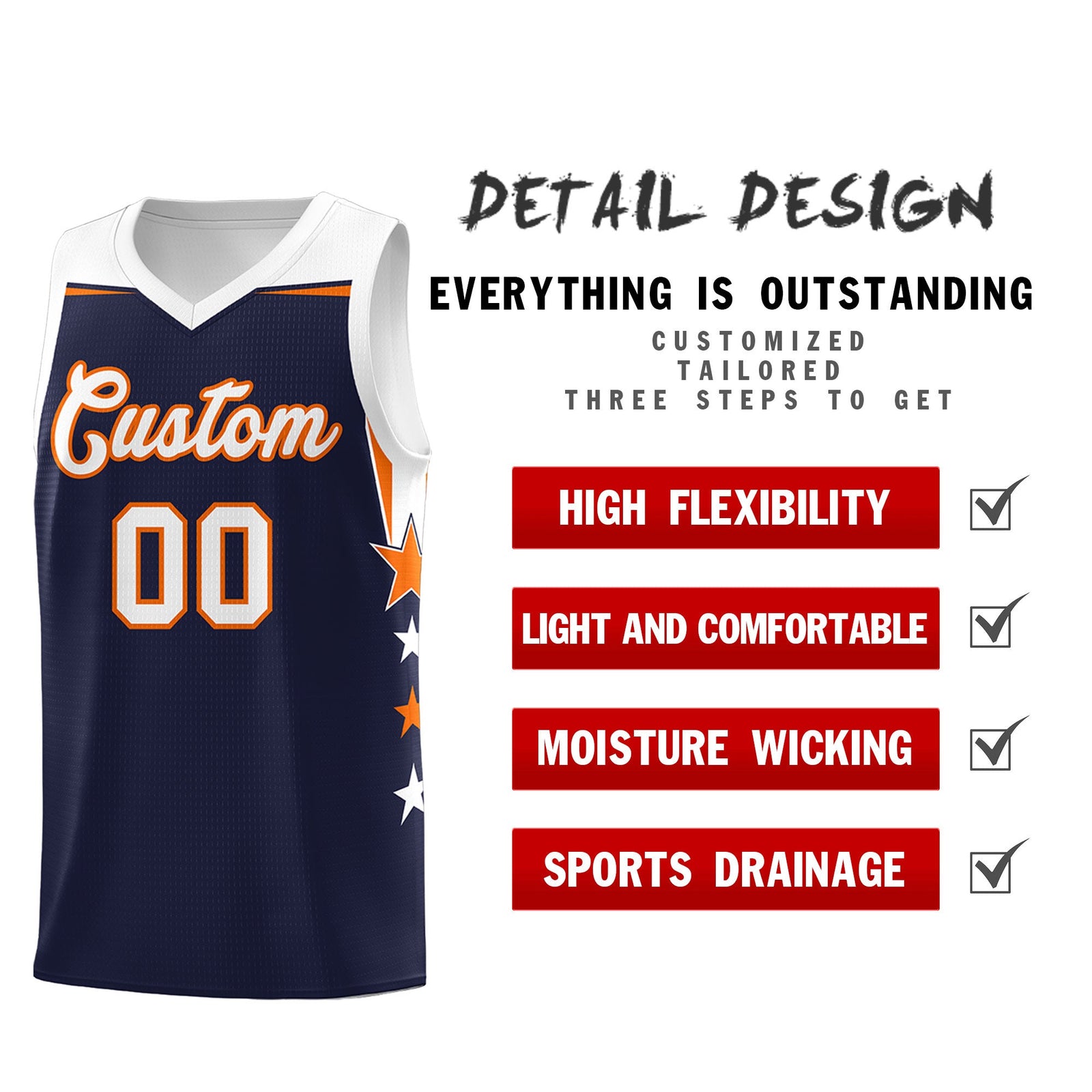 Custom Youth Basketball Uniform Navy White Two Tone Side Star Personalized Team Jersey