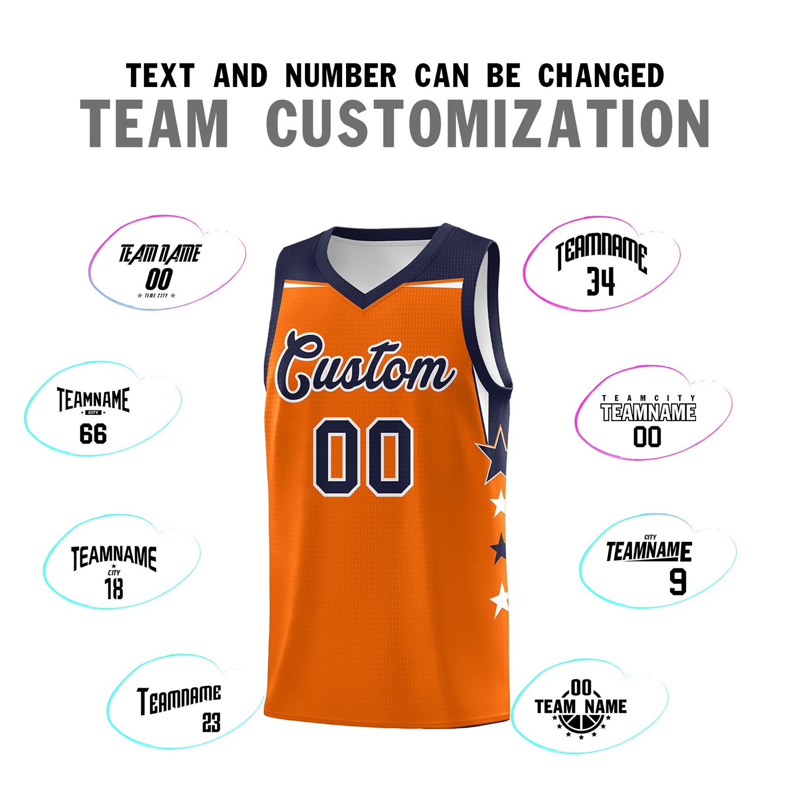 Custom Youth Basketball Uniform Orange Navy Two Tone Side Star Color Block Team Jersey
