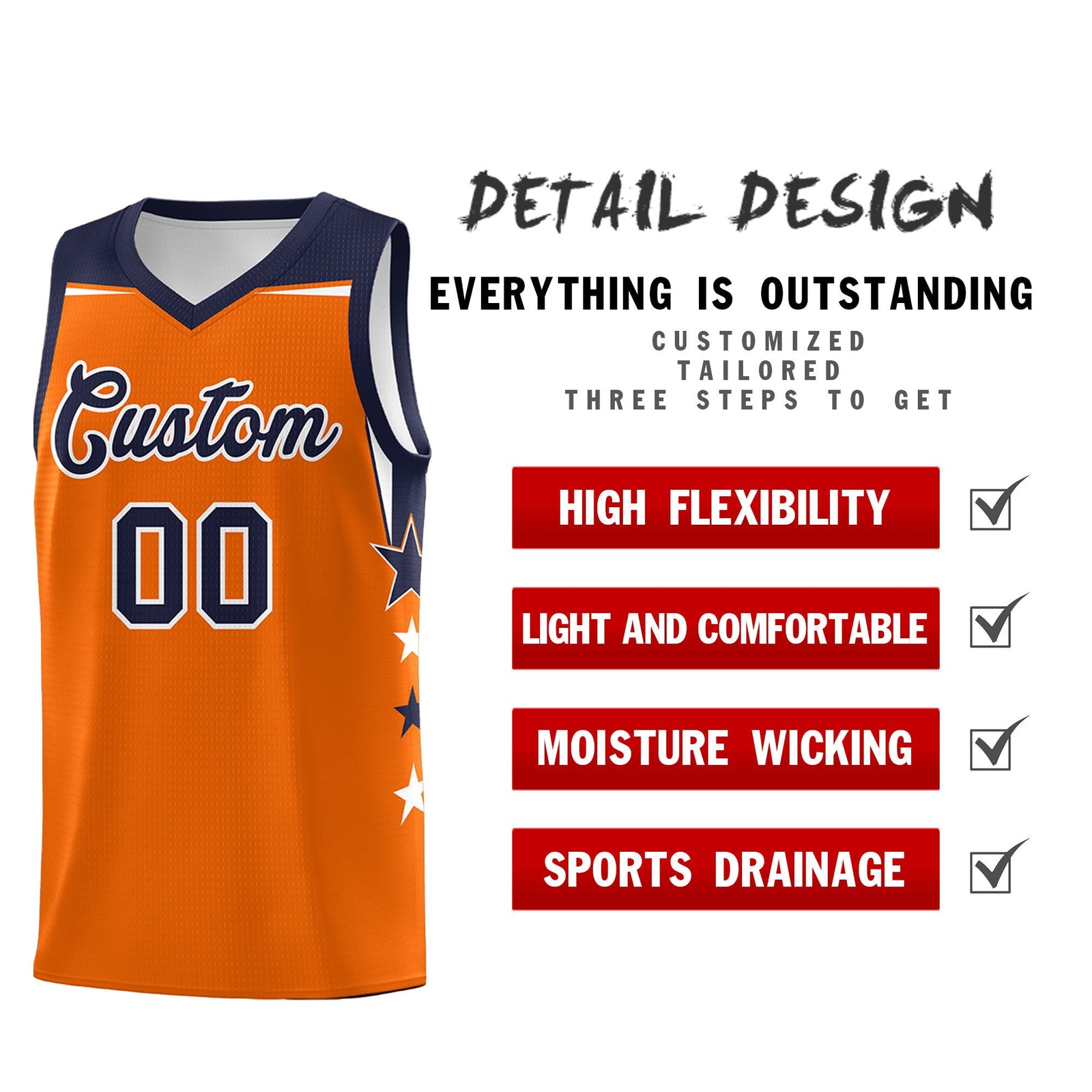 Custom Youth Basketball Uniform Orange Navy Two Tone Side Star Color Block Team Jersey