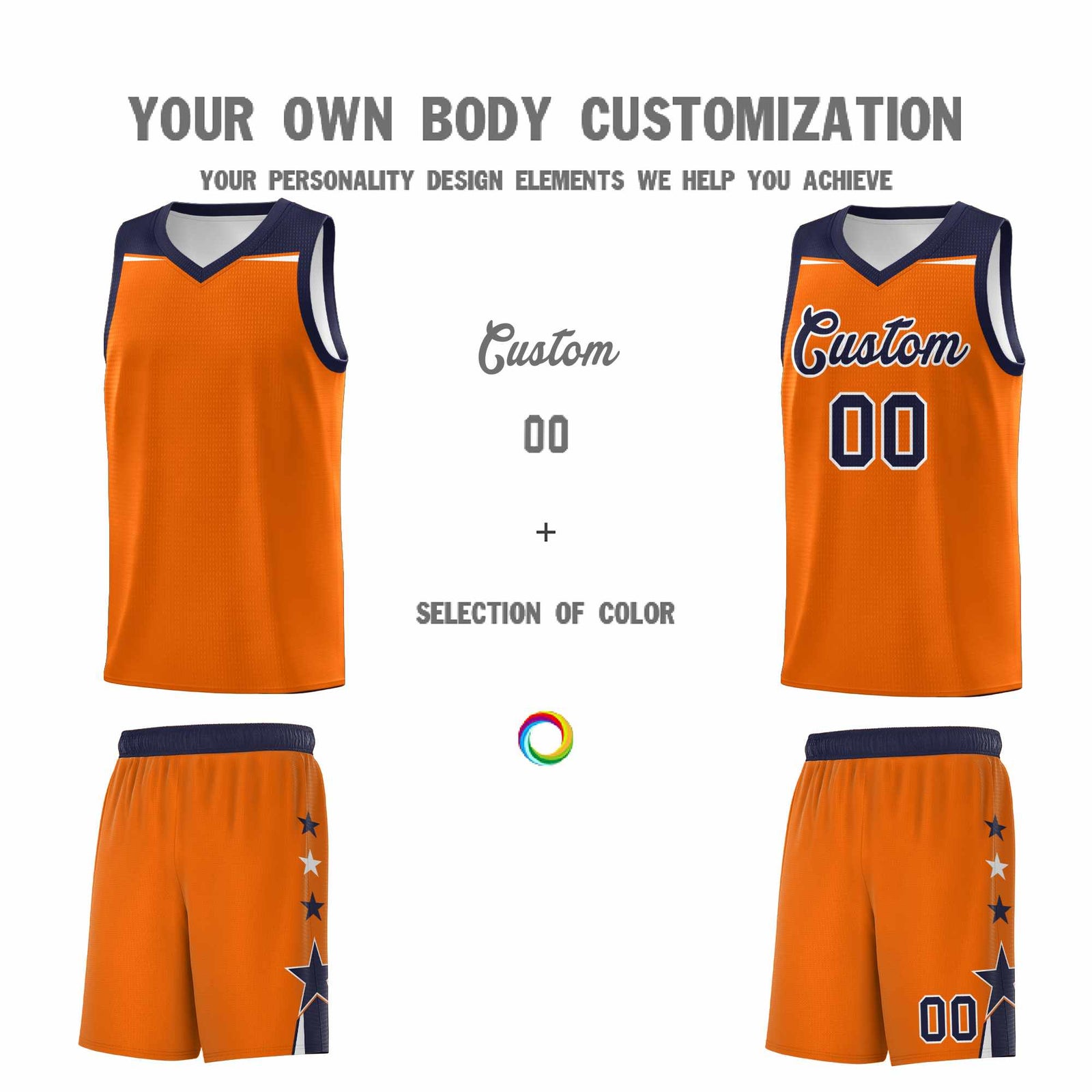 Custom Youth Basketball Uniform Orange Navy Two Tone Side Star Color Block Team Jersey
