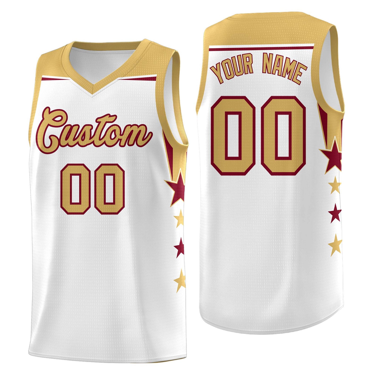 Custom Youth Basketball Uniform White Old Gold Two Tone Side Star Add Name Number & Logo