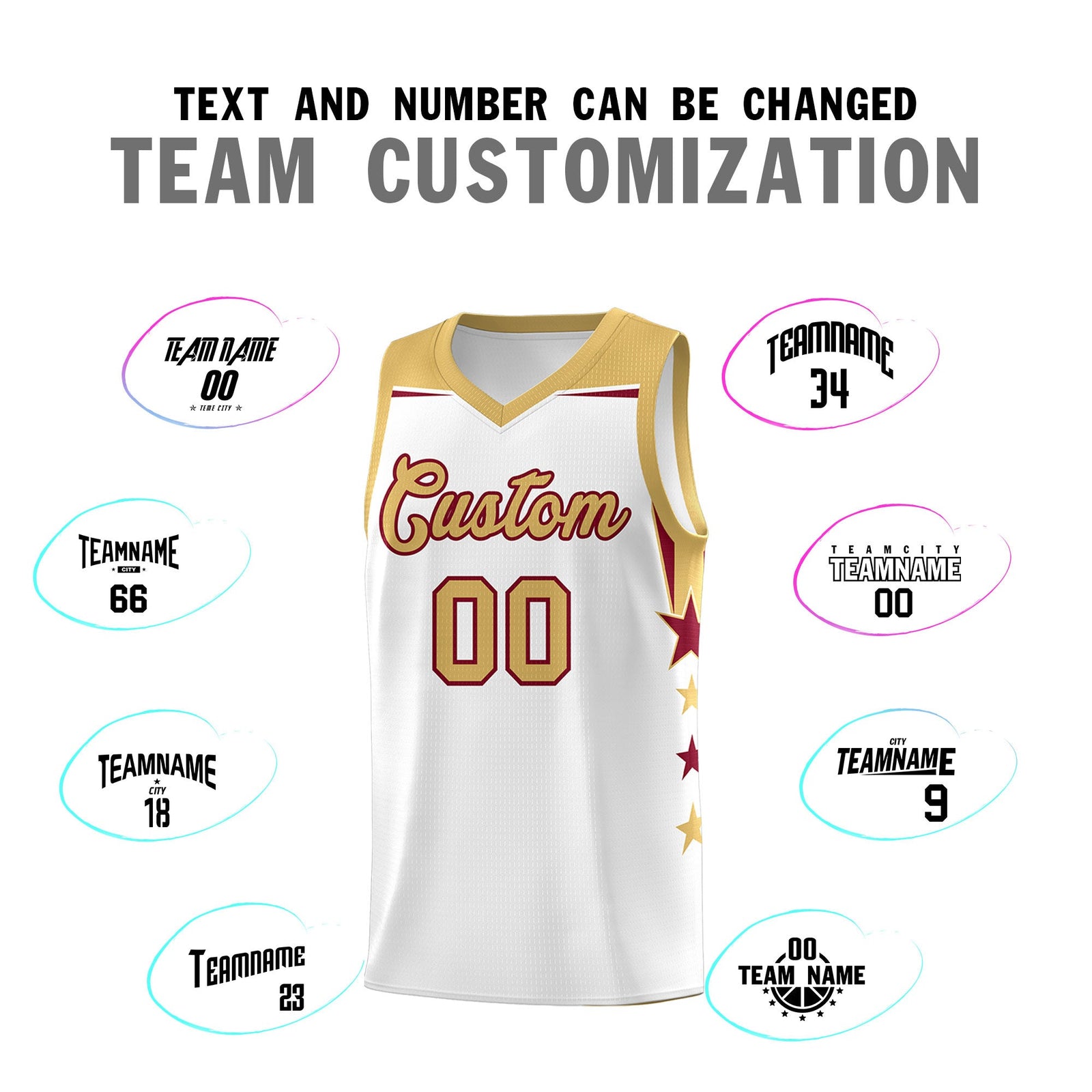 Custom Youth Basketball Uniform White Old Gold Two Tone Side Star Add Name Number & Logo