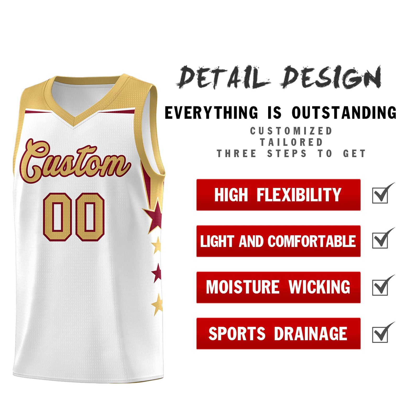 Custom Youth Basketball Uniform White Old Gold Two Tone Side Star Add Name Number & Logo