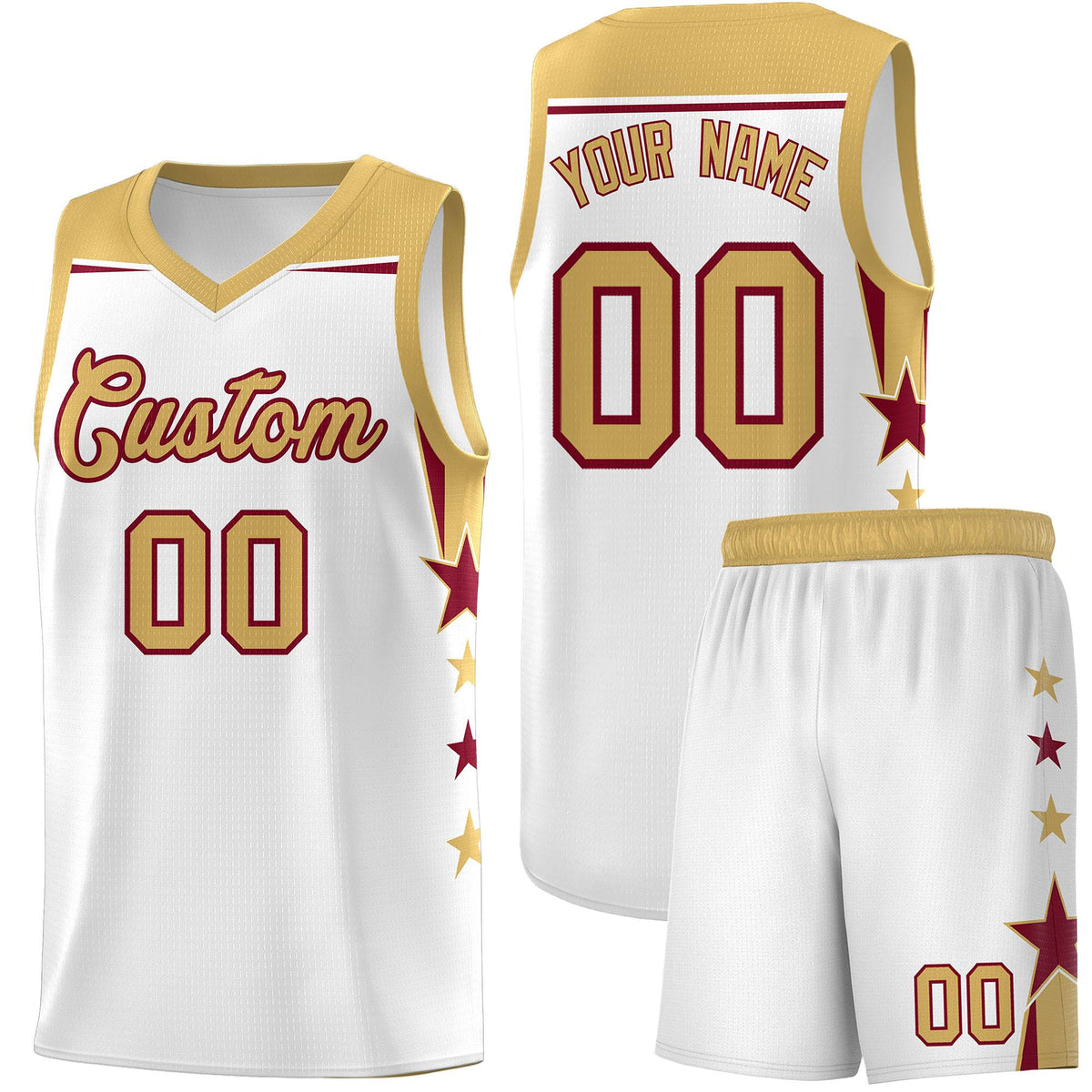 Custom Youth Basketball Uniform White Old Gold Two Tone Side Star Add Name Number &amp; Logo