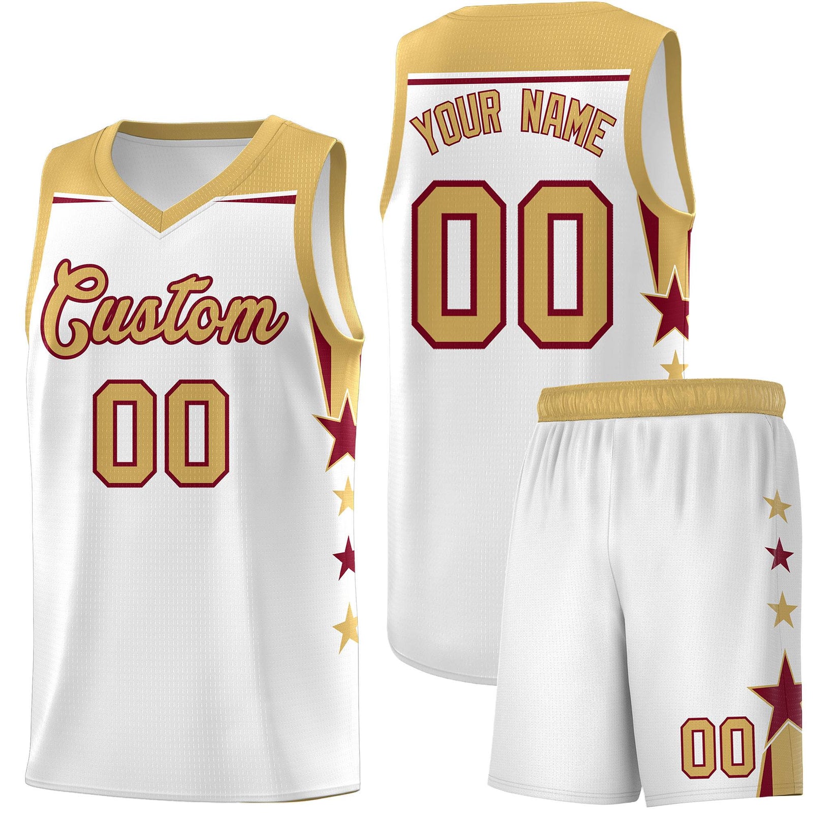 Custom Youth Basketball Uniform White Old Gold Two Tone Side Star Add Name Number & Logo