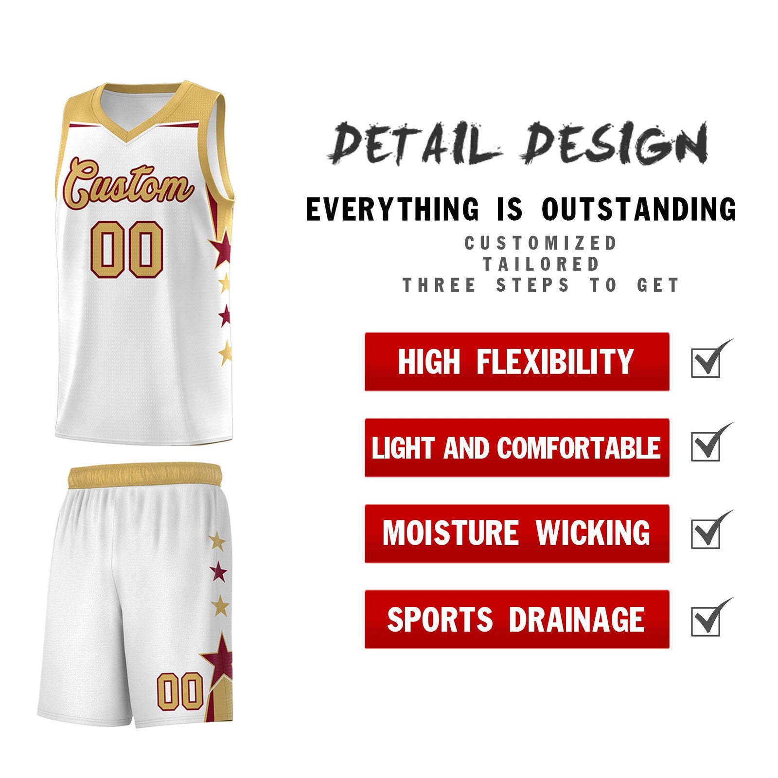 Custom Youth Basketball Uniform White Old Gold Two Tone Side Star Add Name Number & Logo