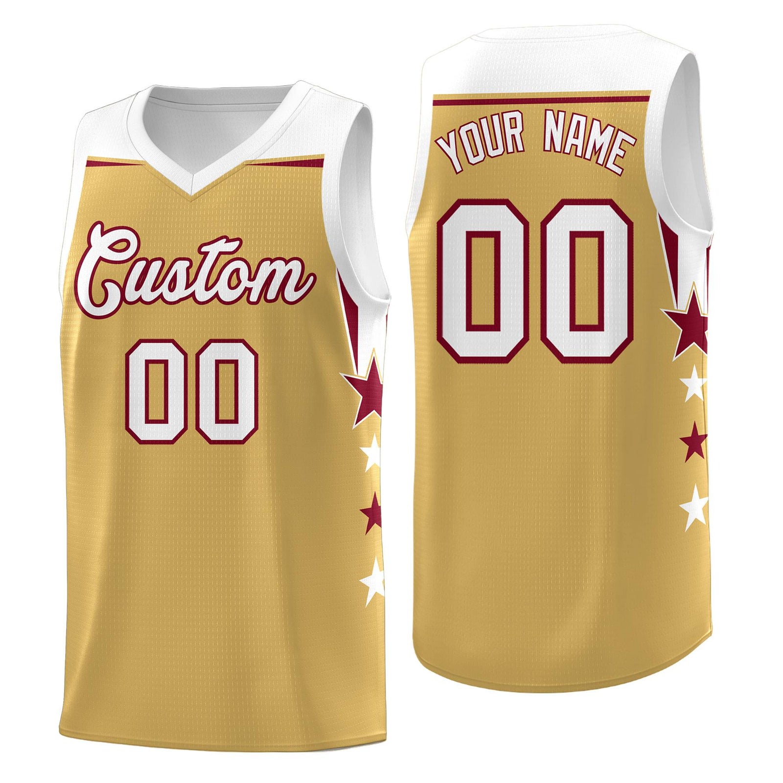 Custom Youth Basketball Uniform Old Gold White Two Tone Side Star Personalized Team Jersey