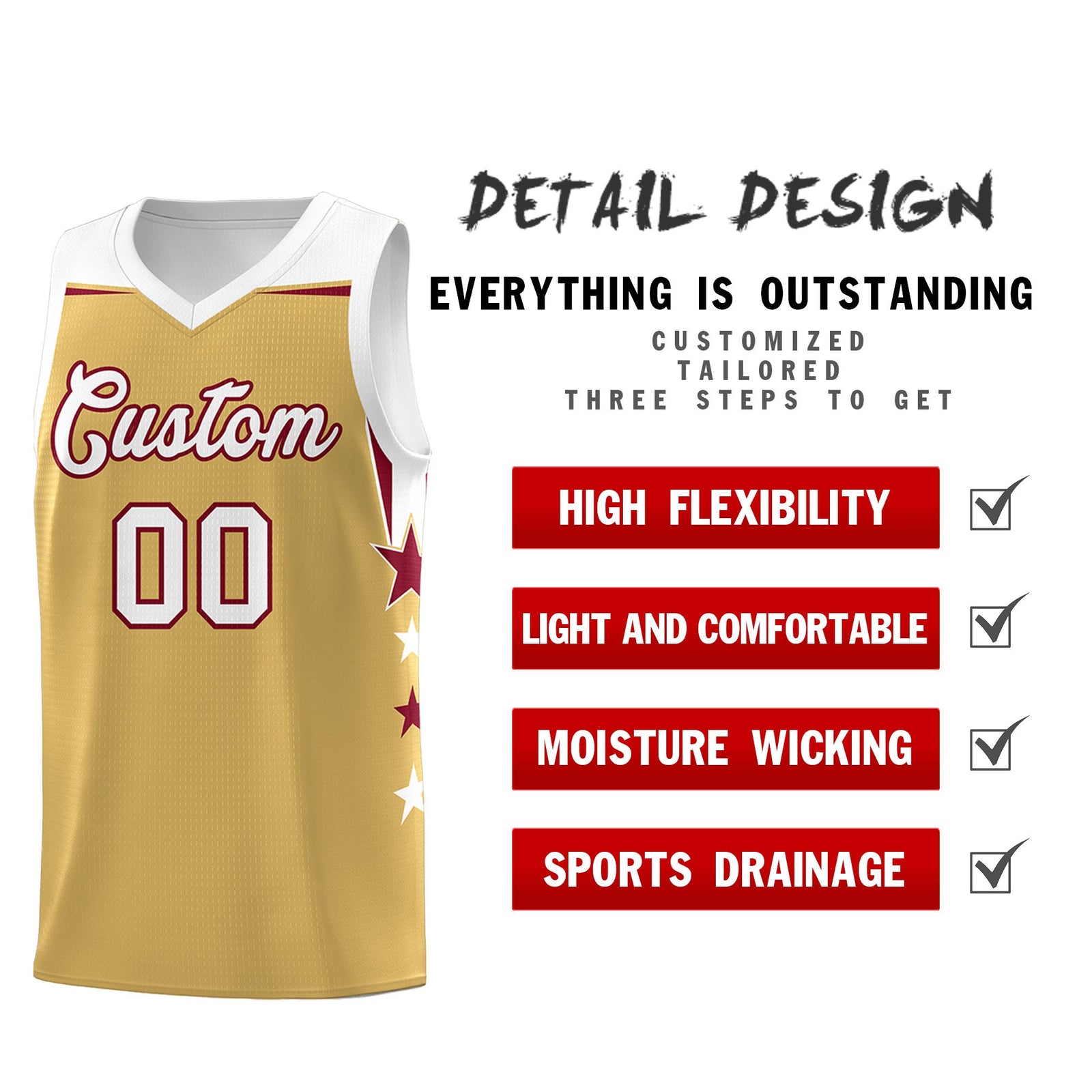 Custom Youth Basketball Uniform Old Gold White Two Tone Side Star Personalized Team Jersey