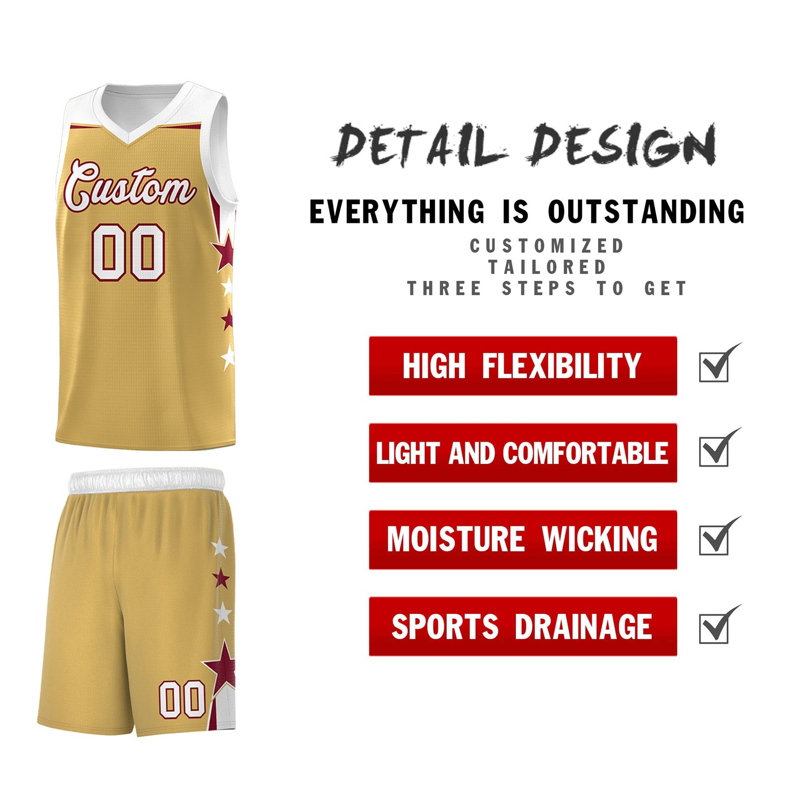 Custom Youth Basketball Uniform Old Gold White Two Tone Side Star Personalized Team Jersey