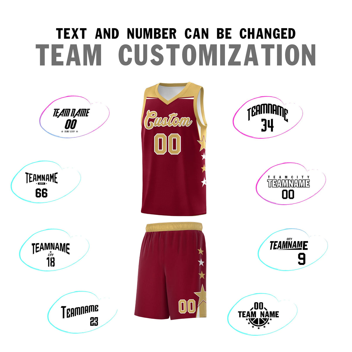 Custom Youth Basketball Uniform Crimson Old Gold Two Tone Side Star Color Block Team Jersey