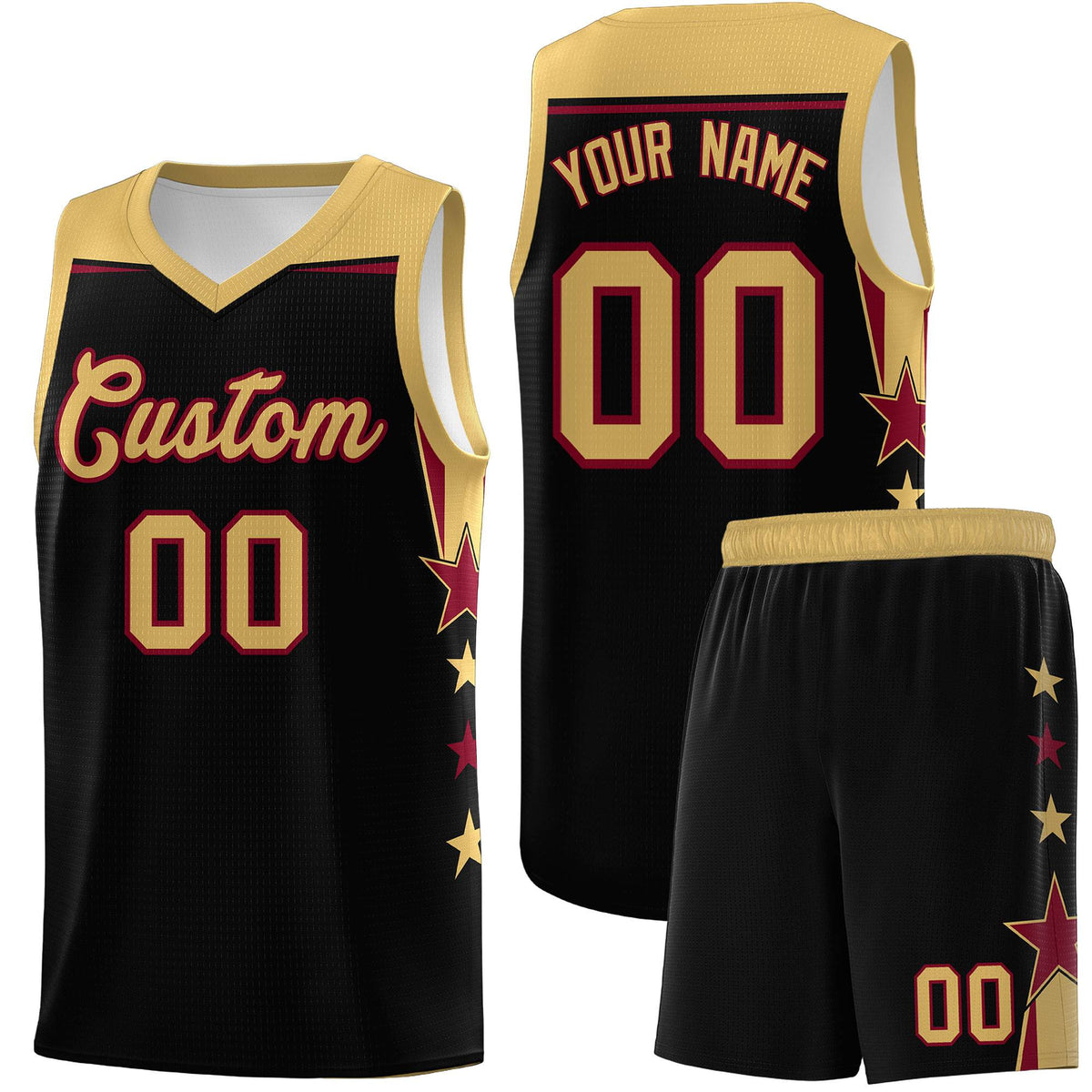 Custom Youth Basketball Uniform Black Old Gold Two Tone Side Star Add Name Number &amp; Logo