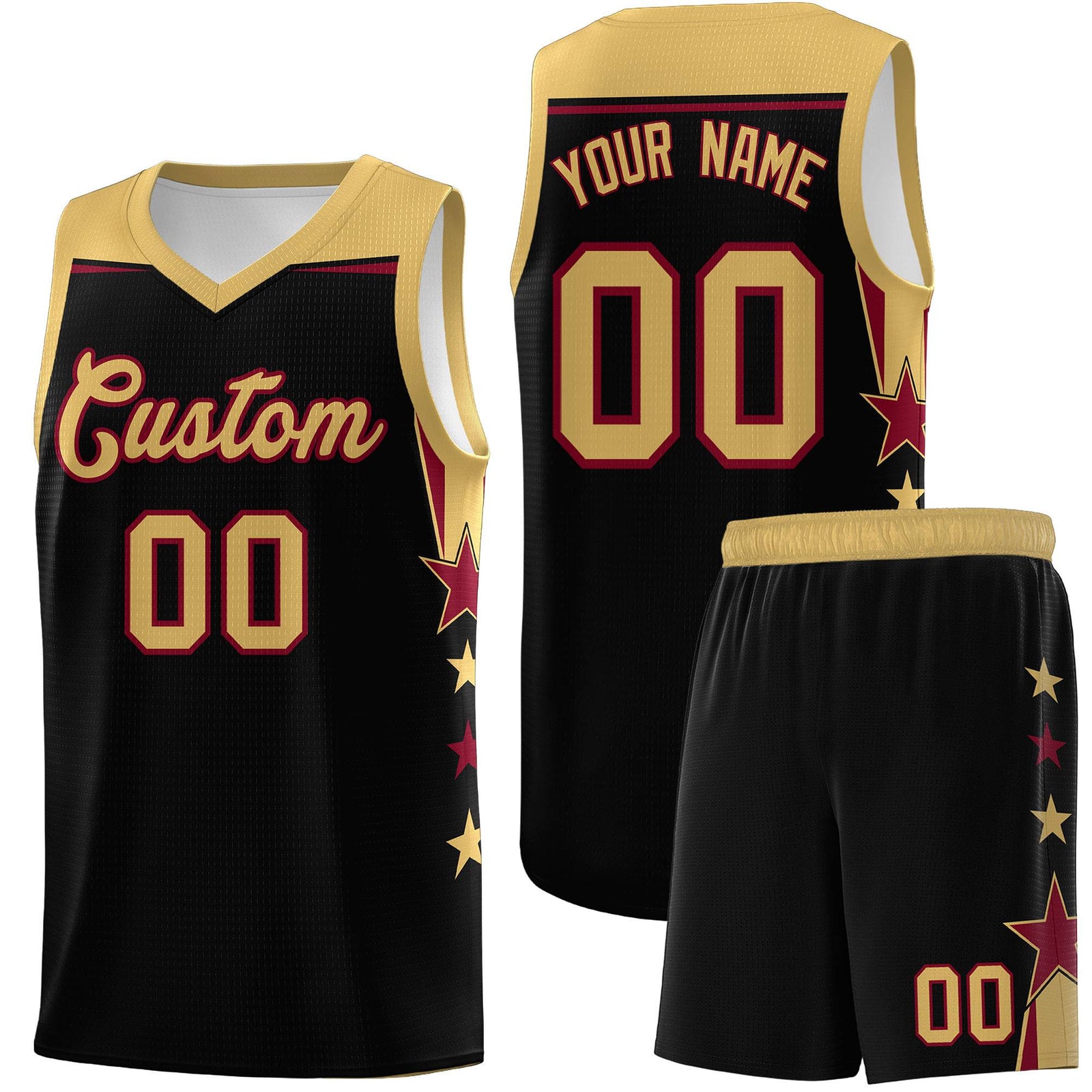 Custom Youth Basketball Uniform Black Old Gold Two Tone Side Star Add Name Number & Logo